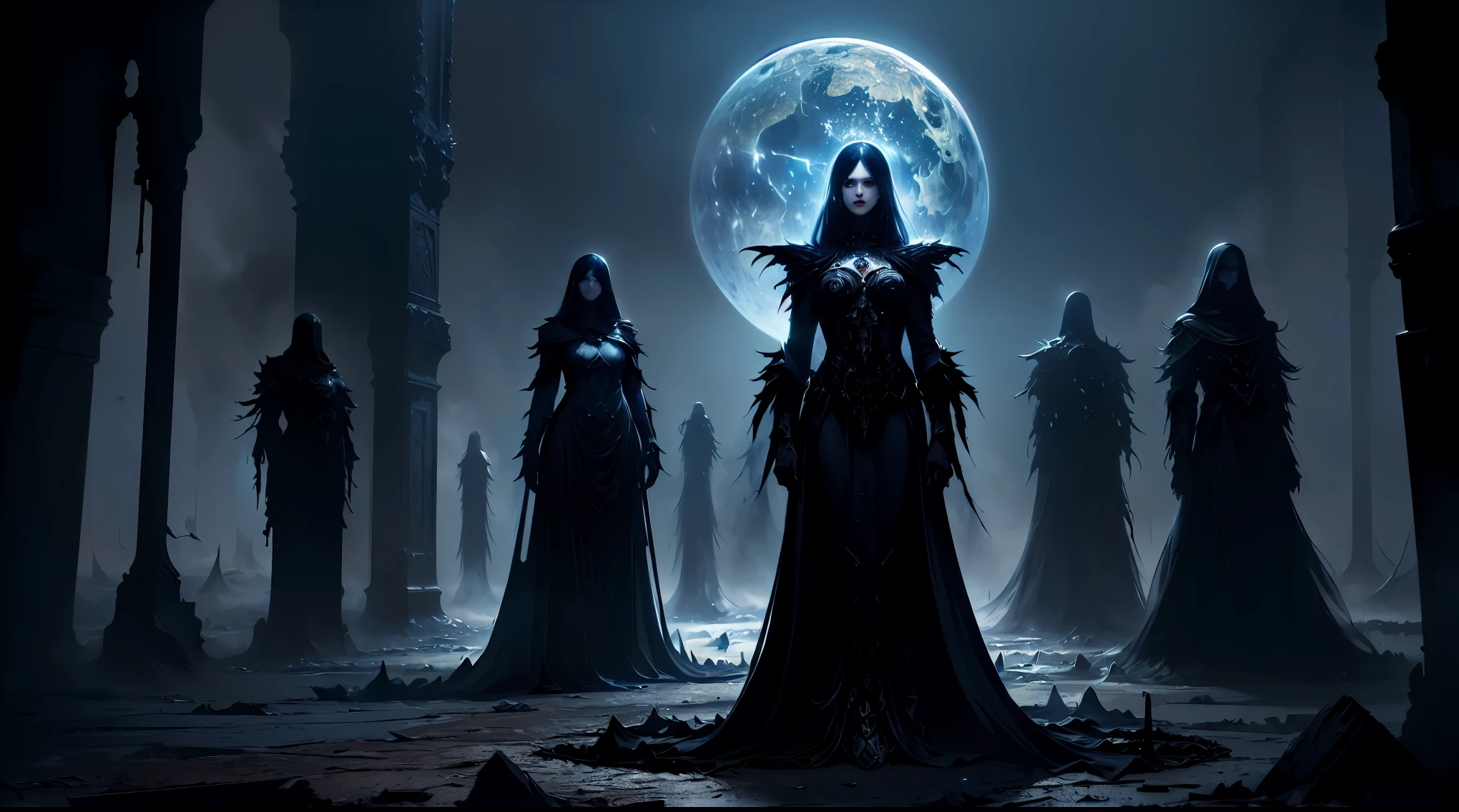 a hooded figure with a scythe, seated majestically on a dark, ominous throne,intricate carvings and engravings on the throne,shadows dancing around the room,a coven of witches surrounding the reaper,each witch gazing up at the looming figure with reverence and awe,dimly lit chamber lit only by flickering candlelight,haunting and mystical atmosphere,(best quality,4k,8k,highres,masterpiece:1.2),ultra-detailed,(realistic,photorealistic,photo-realistic:1.37),dark fantasy,gothic,horror,chiaroscuro lighting,dramatic lighting,dramatic composition