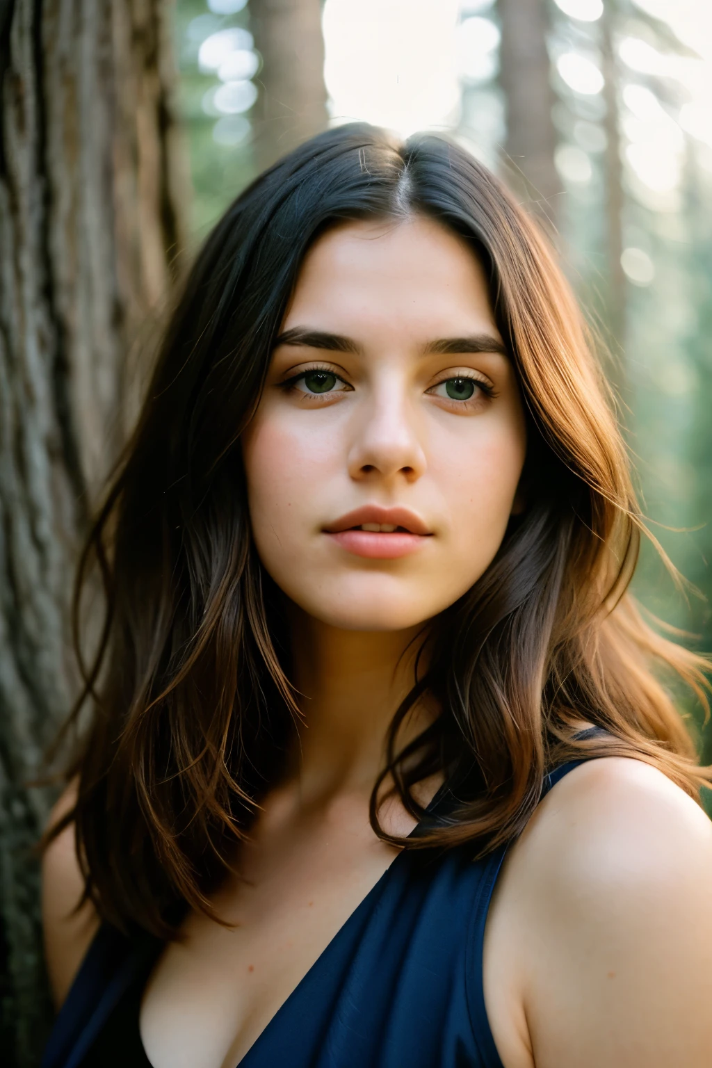 photo of a 25 year old woman , (sympathetic expression on his face), ultra-textured leather, goosebumps, hair dyed blue, Blue eyes , cute plump lips ,The face is directed to the camera, full face group profile, tall ancient redwood trees, creating a feeling of wonder and awe, Perfect eyes, ((hard lighting:1.4)), Velvia 100 color, shot on CineStill 800T, hips, sharp focus on the subject, photographed by Manuela Marquez