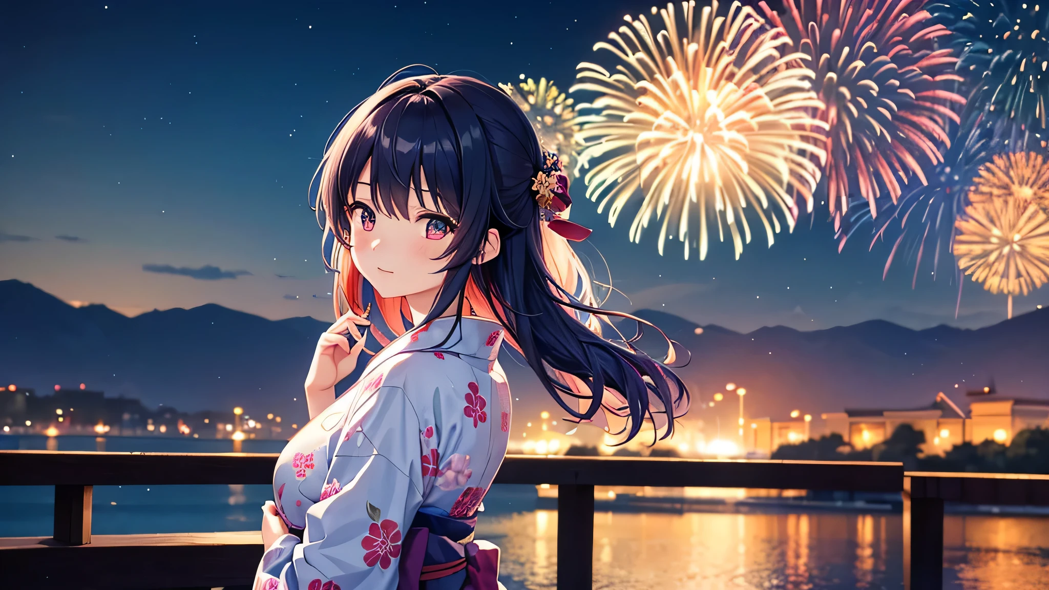 Wearing a traditional blue yukata with a bright floral pattern、A meditative anime-style girl stands looking at fireworks。. her hair is long and a little messy, And she looks up at the sky filled with dazzling fireworks that light up the night with a million colors. Reflections of fireworks can be seen in nearby bodies of water, Enhance the magical atmosphere. This scene depicts a festive summer night with a fireworks display., Along with characters immersed in the beauty and excitement of the event..