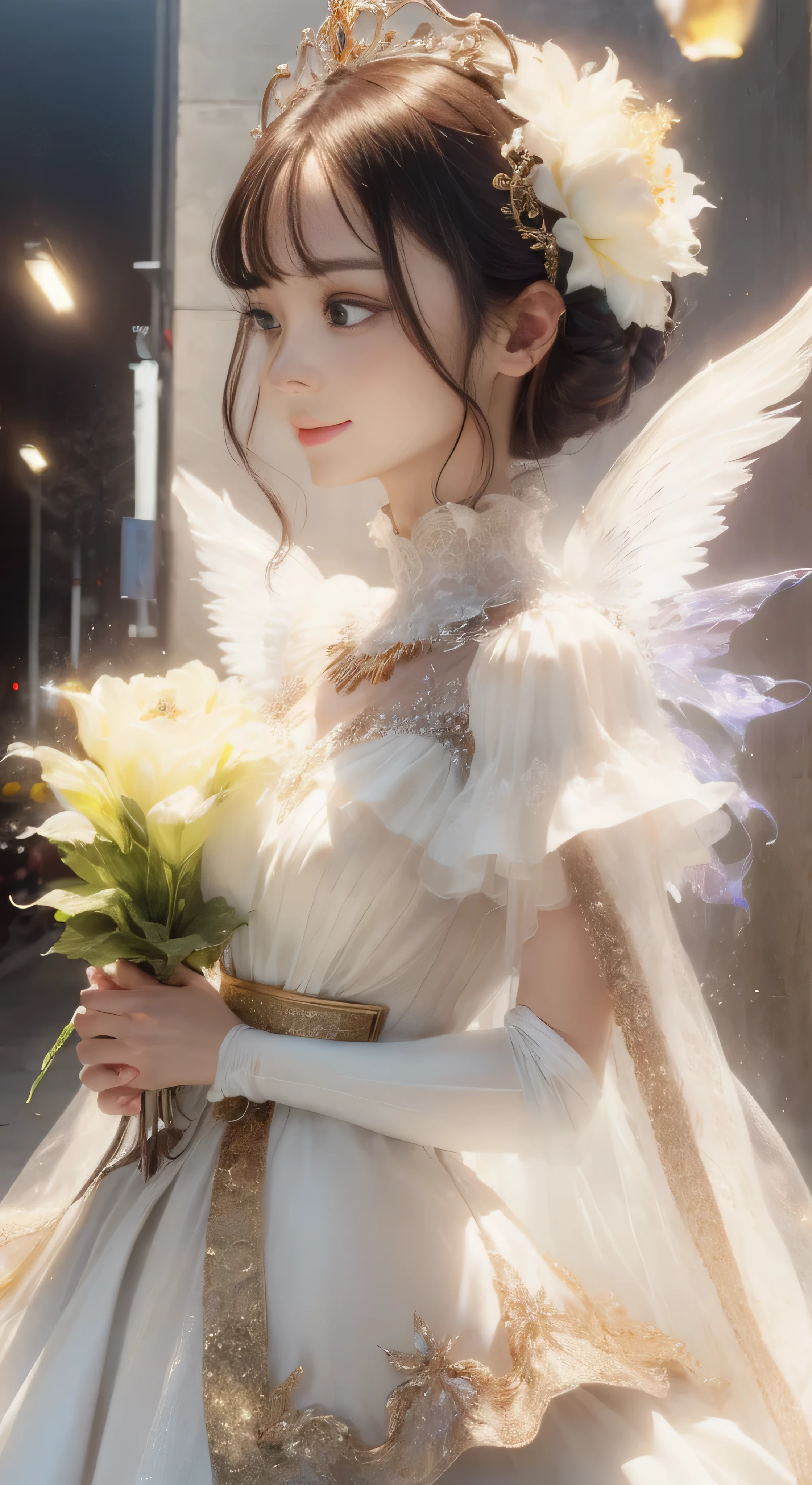 castle in the distance、face is in front、look at the camera、profile、8K、real photos、ultra high resolution, master parts, highest quality, ticker , cinematic images,nice girl、Ann、16 only、Annグロサクソン、double eyelid、droopy eyes、very big eyes、eyes are purple、dark eye shadow、lips are very thin、The tip of your nose grows beautifully.......................................................、small nose,,,,, very detailed , silver hair、straight short hair、smile、 sweet expression 、）、very clear shadows , jewelry , fine eyes, extremely difficult, shiny skin , パーフェクトブリリAnnト, perfect sentence, dramatic shadow、white tiara on head、Gold necklace around the neck、White aristocratic dress with gold embroidery、glass high heels、angel wings