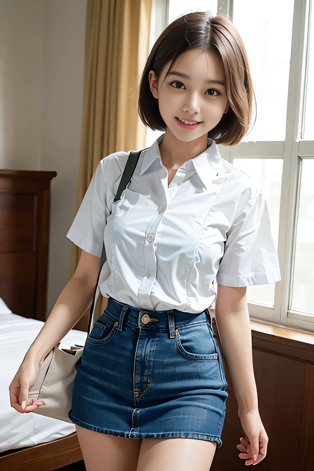 (8K,RAW photo、RAW photo、highest quality、master masterpiece:1.2)、Super detailed、super resolution、(Photoreal:1.3)、((Cowboy shot from the front:1.4))、Clearly draw shades of light、High resolution RAW color photos、professional photos、((hotel bedroom:1.4))、I draw it faithfully to the anatomy...、((udder of medium size:1.4))、very detailed and beautiful、super high quality、((Women in layered haircuts:1.4))、van beautiful girl、((White collar short sleeve cutter shirt:1.4))、((Denim miniskirt that highlights your thighs:1.4))、Upper body、((holding a big bag in hand:1.4))、((smile:1.4))、