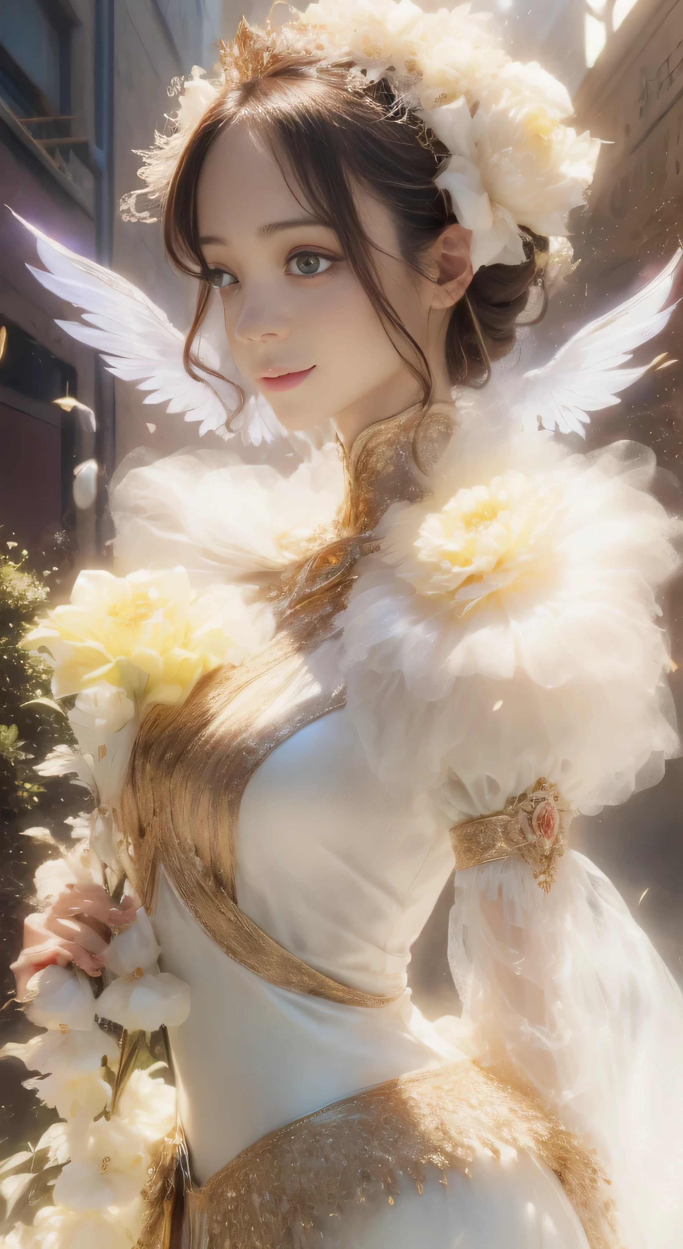 castle in the distance、face is in front、look at the camera、profile、8K、real photos、ultra high resolution, master parts, highest quality, ticker , cinematic images,nice girl、Ann、16talent、Annグロサクソン、double eyelid、droopy eyes、very big eyes、eyes are purple、dark eye shadow、lips are very thin、The tip of your nose grows beautifully............、small nose,,,,, very detailed , silver hair、straight short hair、smile、 sweet expression 、)、very clear shadows , jewelry , fine eyes, extremely difficult, shiny skin , パーフェクトブリリAnnト, perfect sentence, dramatic shadow、white tiara on head、Gold necklace around the neck、White aristocratic dress with gold embroidery、glass high heels、angel wings