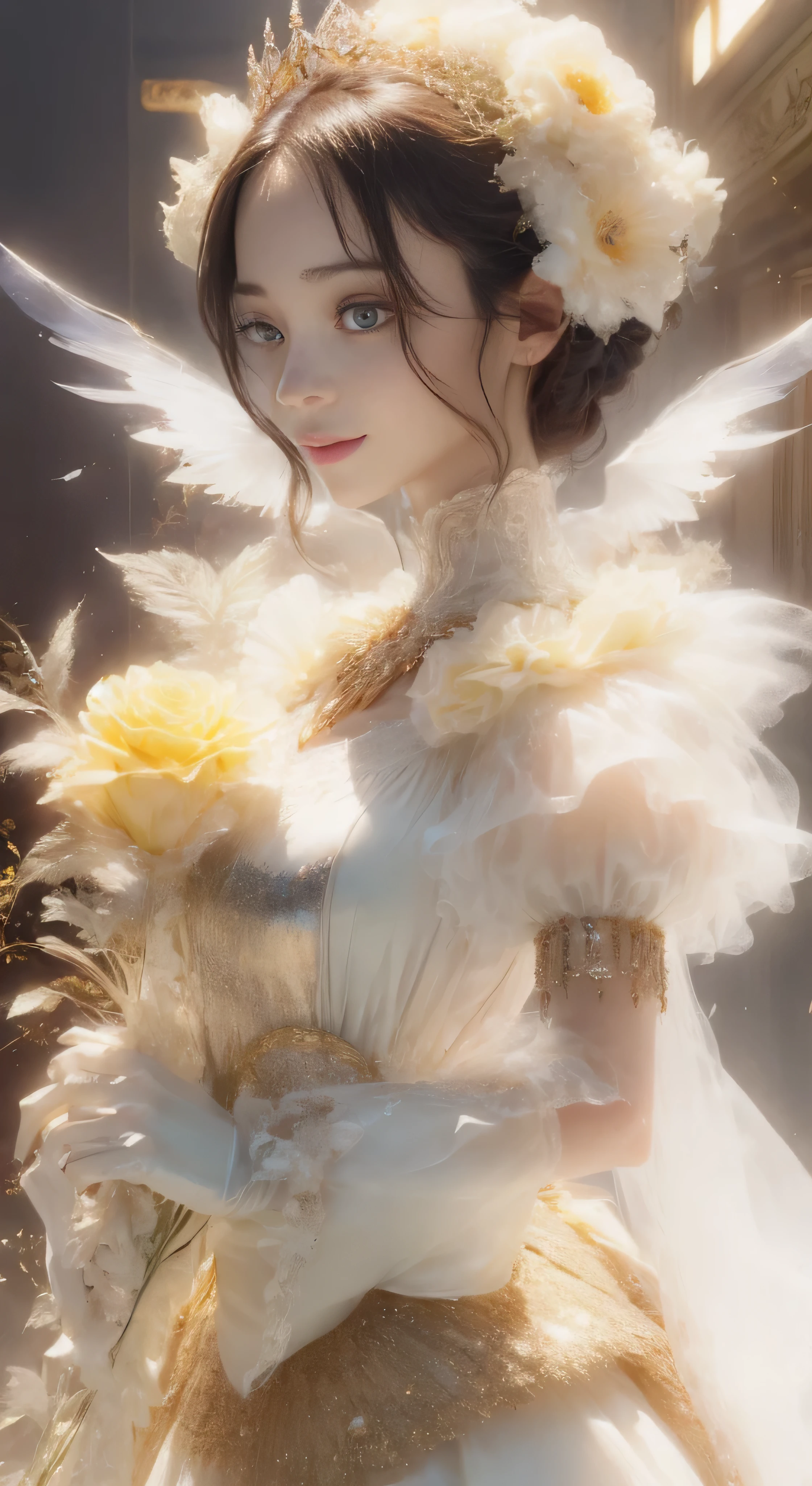 castle in the distance、face is in front、look at the camera、profile、8K、real photos、ultra high resolution, master parts, highest quality, ticker , cinematic images,nice girl、Ann、16talent、Annグロサクソン、double eyelid、droopy eyes、very big eyes、eyes are purple、dark eye shadow、lips are very thin、The tip of your nose grows beautifully............、small nose,,,,, very detailed , silver hair、straight short hair、smile、 sweet expression 、)、very clear shadows , jewelry , fine eyes, extremely difficult, shiny skin , パーフェクトブリリAnnト, perfect sentence, dramatic shadow、white tiara on head、Gold necklace around the neck、White aristocratic dress with gold embroidery、glass high heels、angel wings