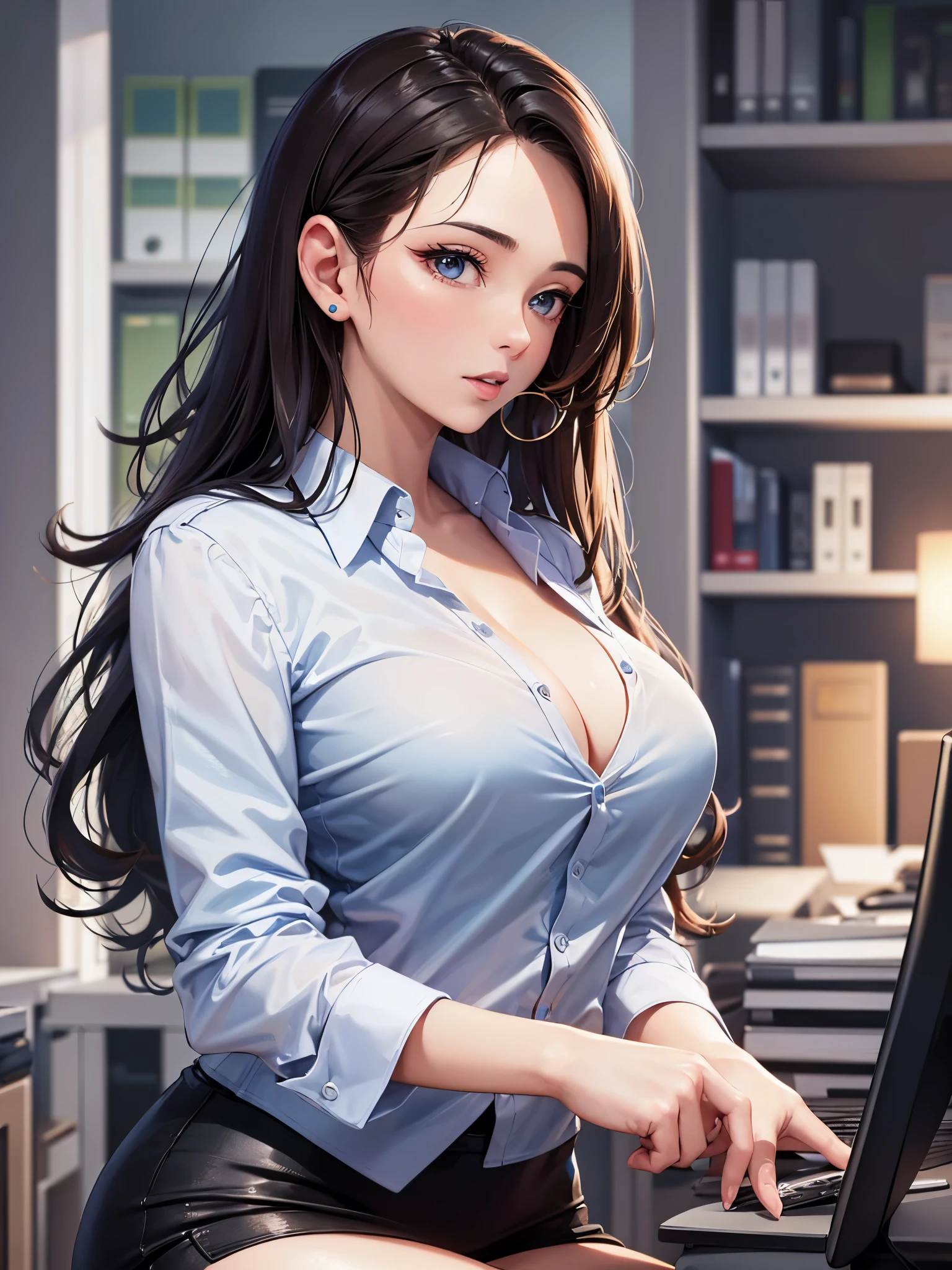 ((highest quality)),(ultra high resolution),(Super detailed),(detailed description),((best CG)),(best work of art),super precision art,great drawing art,(Art with precise details:1.5), (1 woman:1.8),(beautiful and well-shaped face:1.5),(Office Lady:1.6),(Office Casual:1.5),Tight Skirt:1.4,Tempting Gaze:1.5, Office in a high-rise building:1.5,