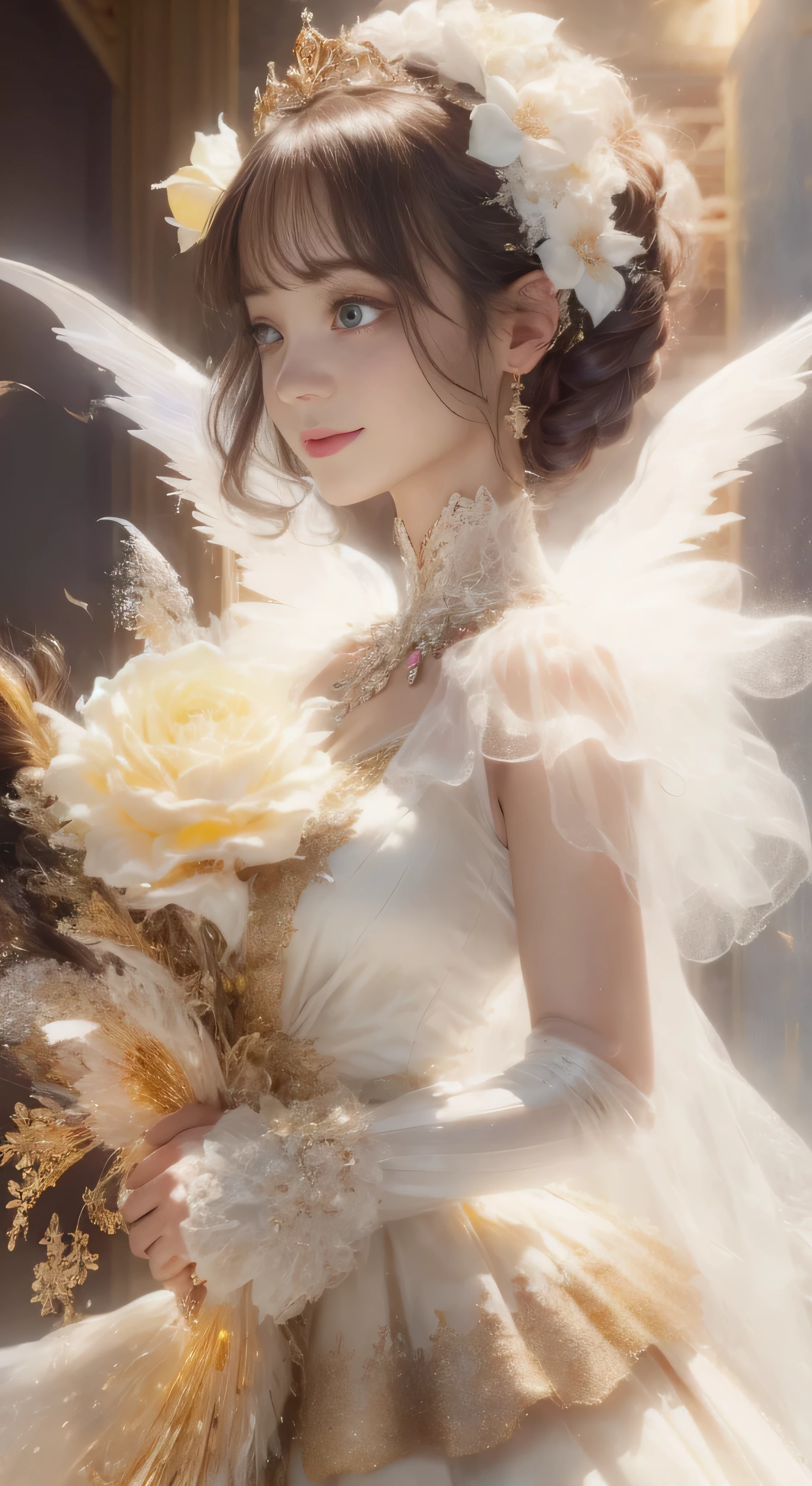 castle in the distance、face is in front、look at the camera、profile、8K、real photos、ultra high resolution, master parts, highest quality, ticker , cinematic images,nice girl、Ann、16talent、Annグロサクソン、double eyelid、droopy eyes、very big eyes、eyes are purple、dark eye shadow、lips are very thin、The tip of your nose grows beautifully............、small nose,,,,, very detailed , silver hair、straight short hair、smile、 sweet expression 、)、very clear shadows , jewelry , fine eyes, extremely difficult, shiny skin , パーフェクトブリリAnnト, perfect sentence, dramatic shadow、white tiara on head、Gold necklace around the neck、White aristocratic dress with gold embroidery、glass high heels、angel wings