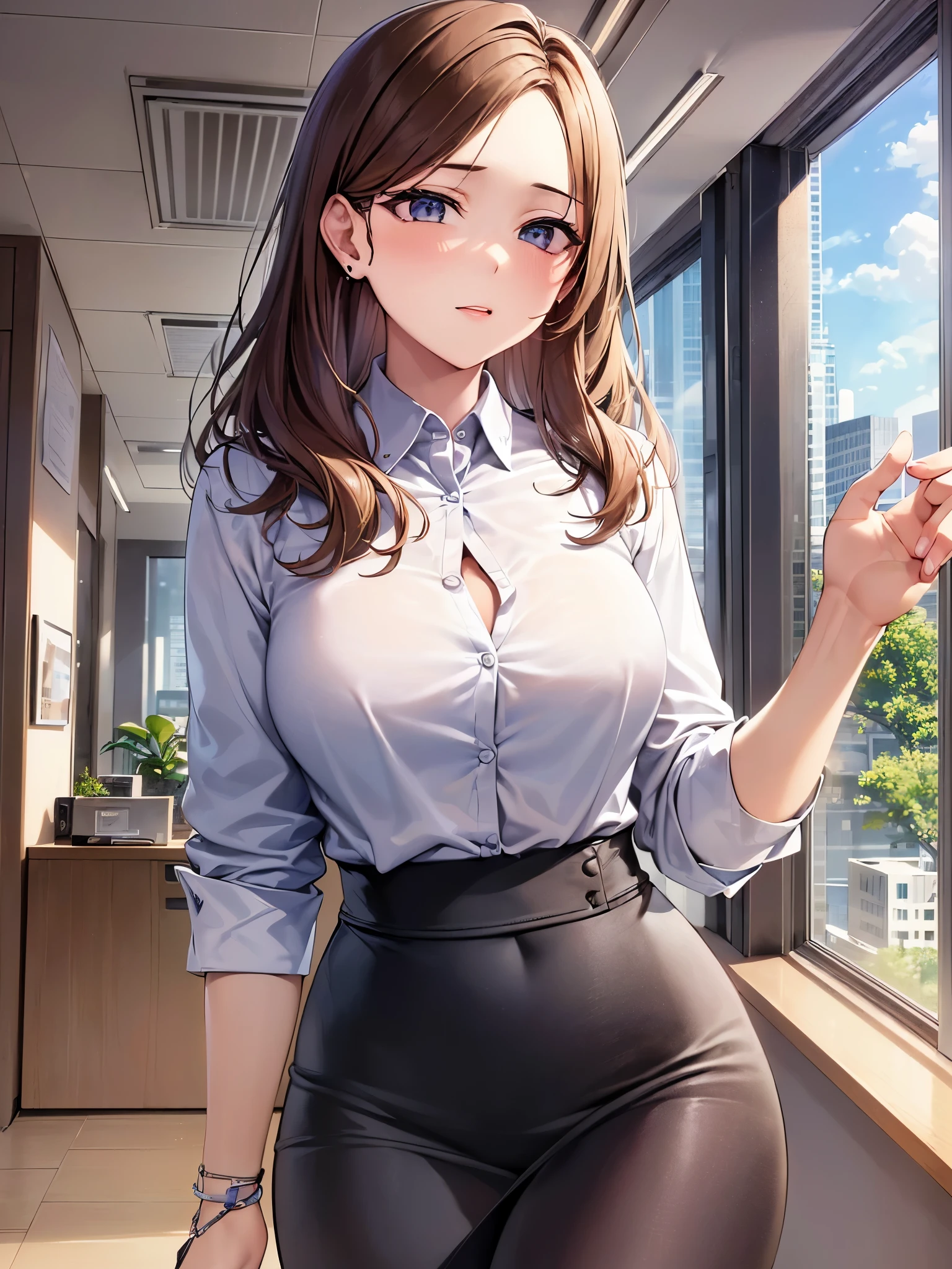 masterpiece, best quality, 1 girl, 独奏, ager, large breasts, light brown eyes, bangs, brond hair, braids hair, office staff suit, jacket, pencil skirt, upper body, standing, office,Best Quality,High resolution,8k,finelity detailed background,Masterpiece:1.2),beautiful girl,Shiny brown hair,asymmetrical hair,Beautiful brown eyes,Gentle look,A refreshing look,smile,Best quality,Best Quality,Aesthetic and aesthetic:1.2,Best details((Super detailed))(High-definition CG illustrations),Slender body,smile,blush,cute,Scrounge,Looking up,Being spoiled,super model,wariza,shoot from,above