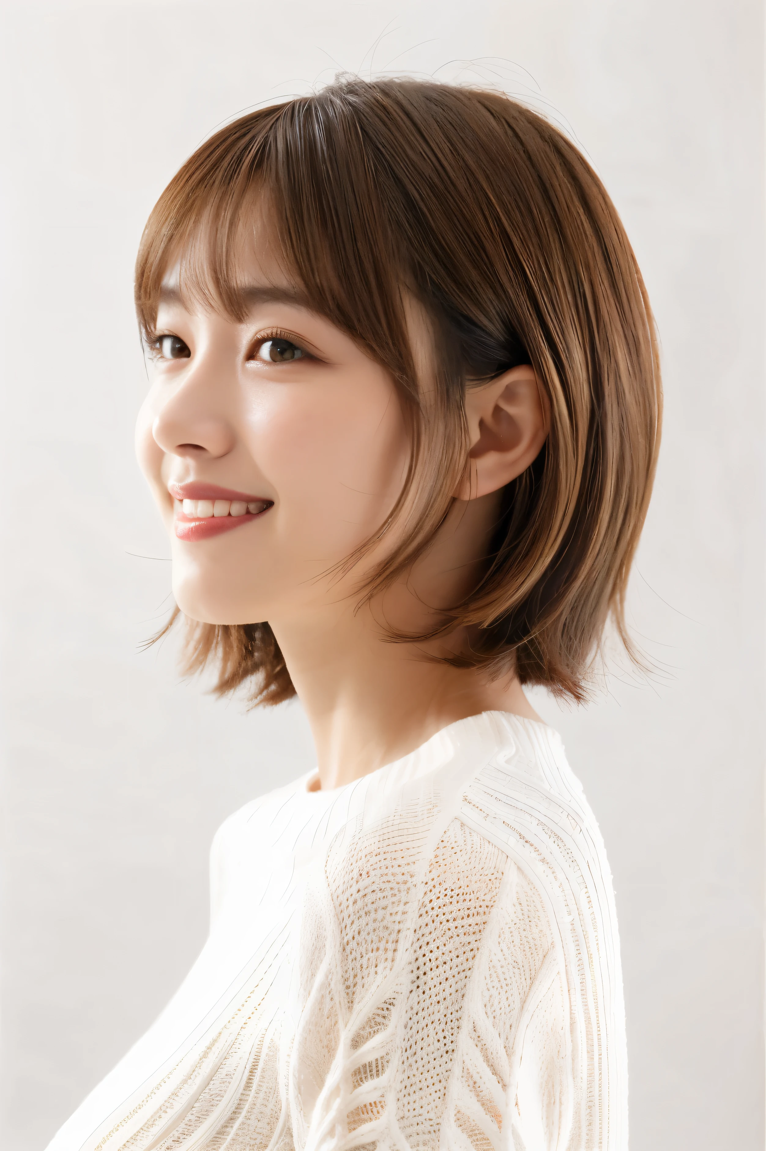 short hair, brown hair color, dull bang, profile angle, professional lighting, smile, highest quality, professional photos, one beautiful woman, 30 years old, white knit, 35mm lens, f1, cowboy shot, (white background: 1.3)