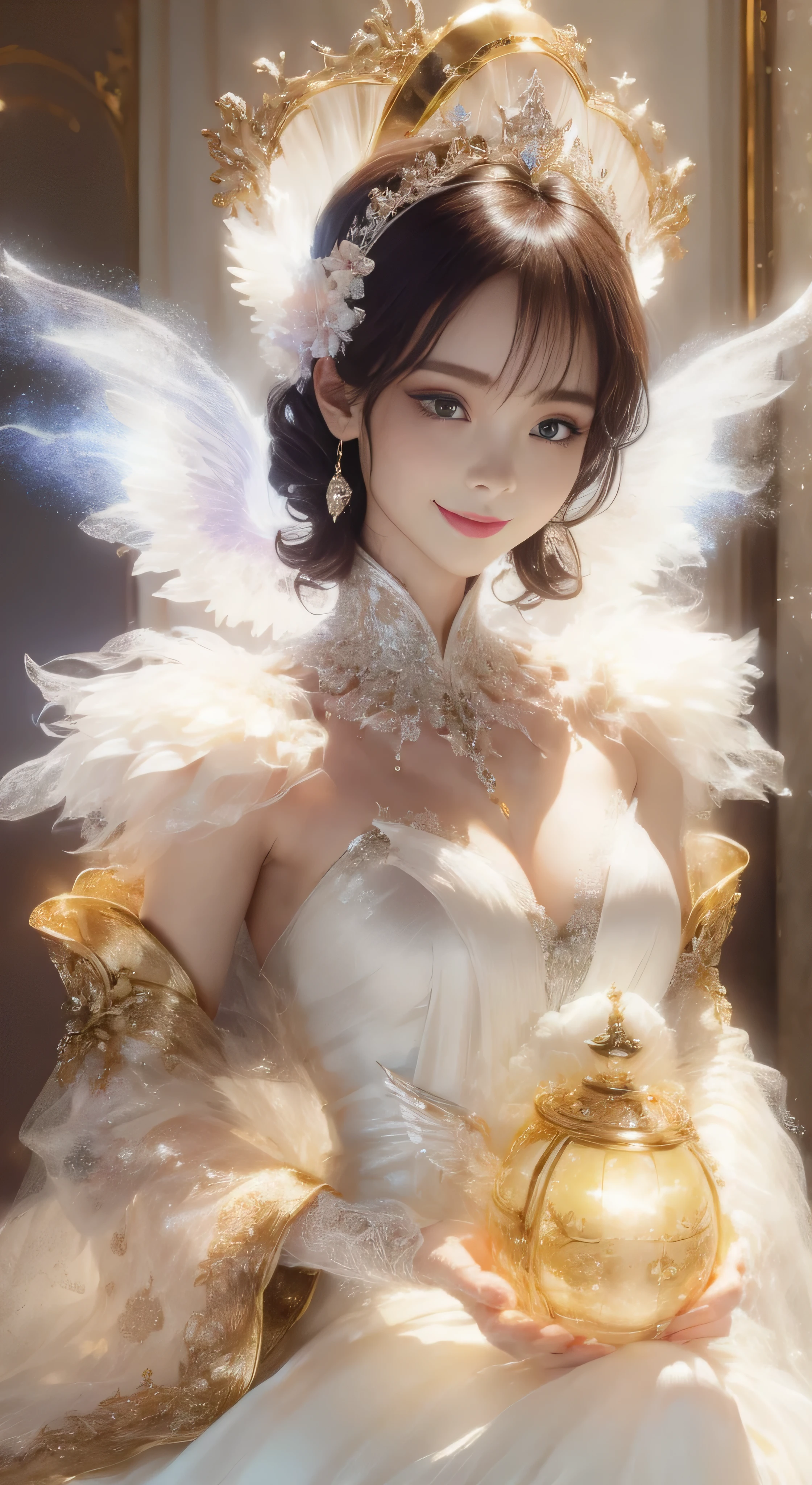 castle in the distance、face is in front、look at the camera、profile、8K、real photos、ultra high resolution, master parts, highest quality, ticker , cinematic images,nice girl、Ann、16 only、Annグロサクソン、double eyelid、droopy eyes、very big eyes、eyes are purple、dark eye shadow、lips are very thin、The tip of your nose grows beautifully.......................................................、small nose,,,,, very detailed , silver hair、straight short hair、smile、 sweet expression 、）、very clear shadows , jewelry , fine eyes, extremely difficult, shiny skin , パーフェクトブリリAnnト, perfect sentence, dramatic shadow、white tiara on head、Gold necklace around the neck、White aristocratic dress with gold embroidery、glass high heels、angel wings