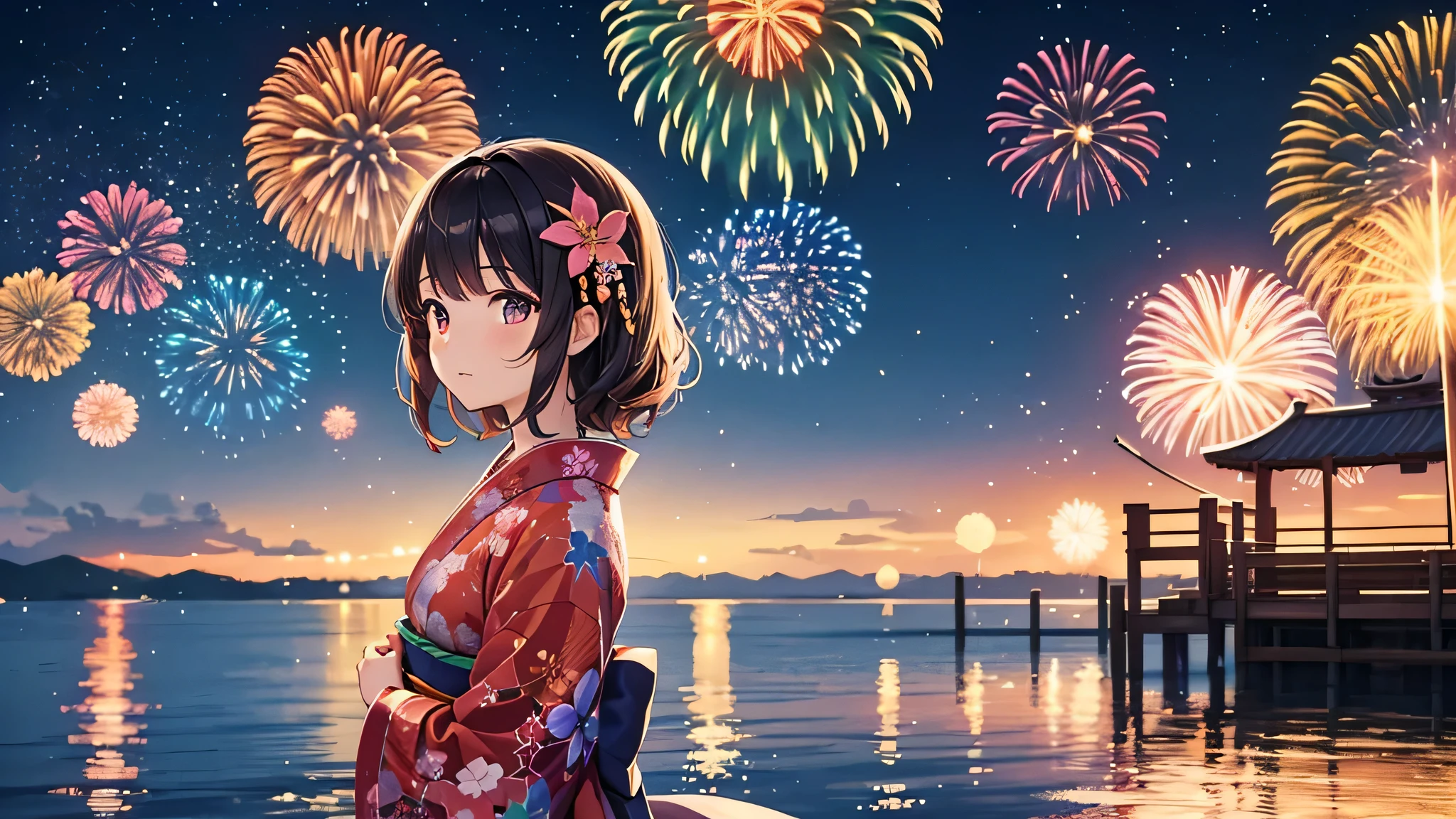 Against the backdrop of a night sky ablaze with fireworks、A thoughtful anime girl stands wearing a traditional yukata decorated with elaborate floral patterns。. her short, Wavy hair is decorated with small flowers, and she looks up with kind eyes, Awe-struck expressions as the explosion of colors illuminates the night. The stage is by the water, Bright reflections of fireworks dance on the water surface, Create a seductive effect. The atmosphere is festive and full of surprises, Recreating the essence of Japan's summer fireworks festivals.