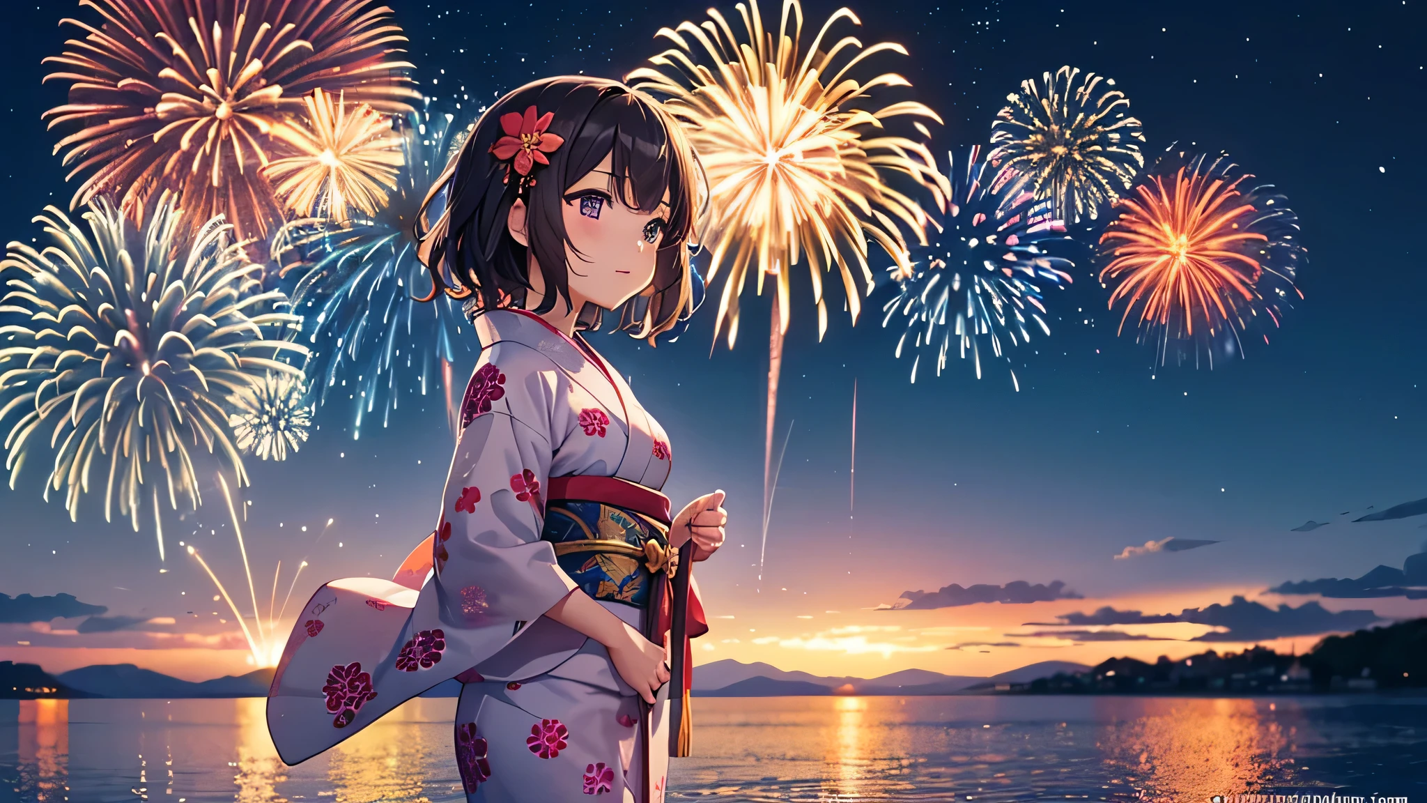 Against the backdrop of a night sky ablaze with fireworks、A thoughtful anime girl stands wearing a traditional yukata decorated with elaborate floral patterns。. her short, Wavy hair is decorated with small flowers, and she looks up with kind eyes, Awe-struck expressions as the explosion of colors illuminates the night. The stage is by the water, Bright reflections of fireworks dance on the water surface, Create a seductive effect. The atmosphere is festive and full of surprises, Recreating the essence of Japan&#39;s summer fireworks festivals.