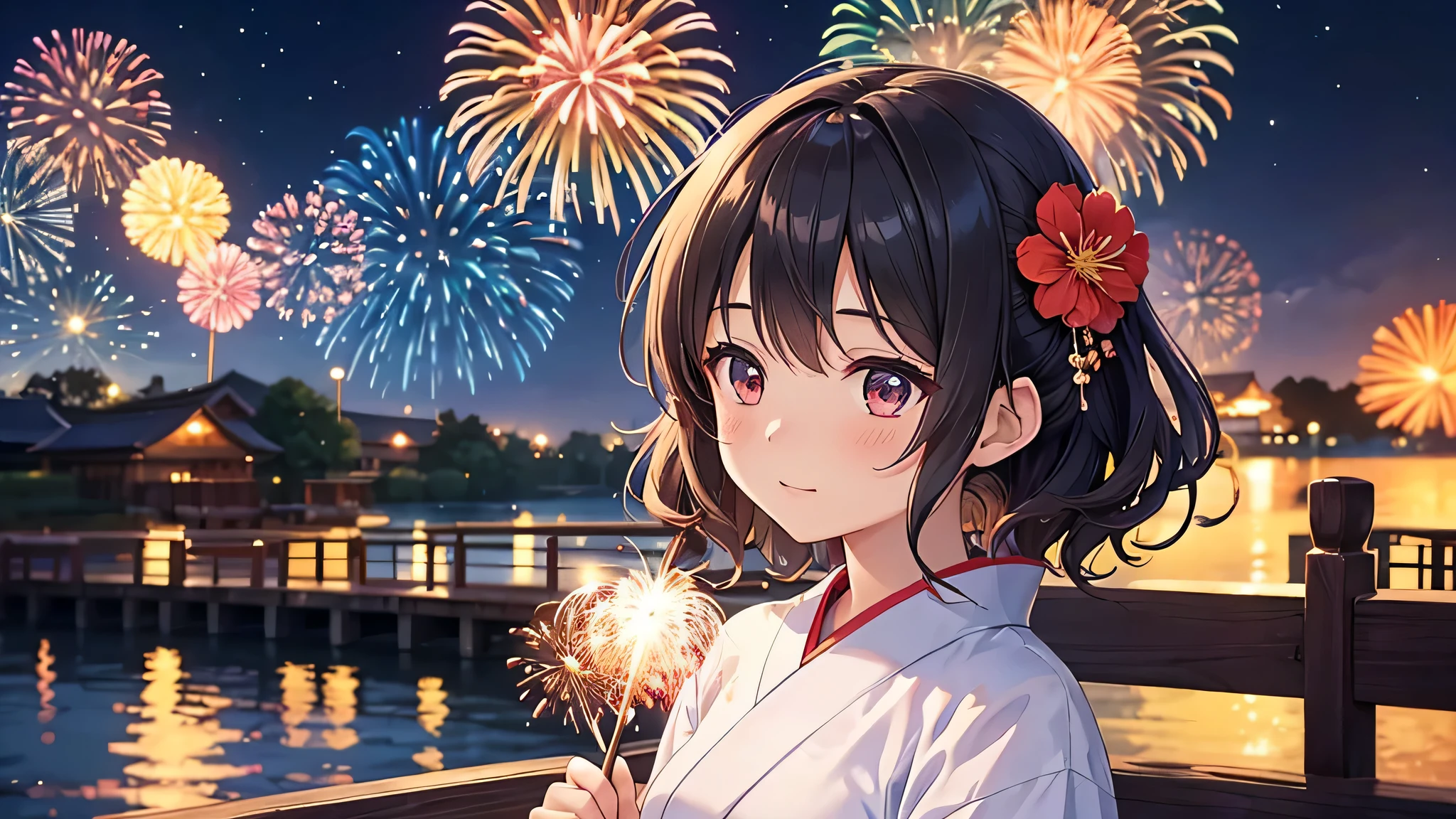 Against the backdrop of a night sky ablaze with fireworks、A thoughtful anime girl stands wearing a traditional yukata decorated with elaborate floral patterns。. her short, Wavy hair is decorated with small flowers, and she looks up with kind eyes, Awe-struck expressions as the explosion of colors illuminates the night. The stage is by the water, Bright reflections of fireworks dance on the water surface, Create a seductive effect. The atmosphere is festive and full of surprises, Recreating the essence of Japan&#39;s summer fireworks festivals.
