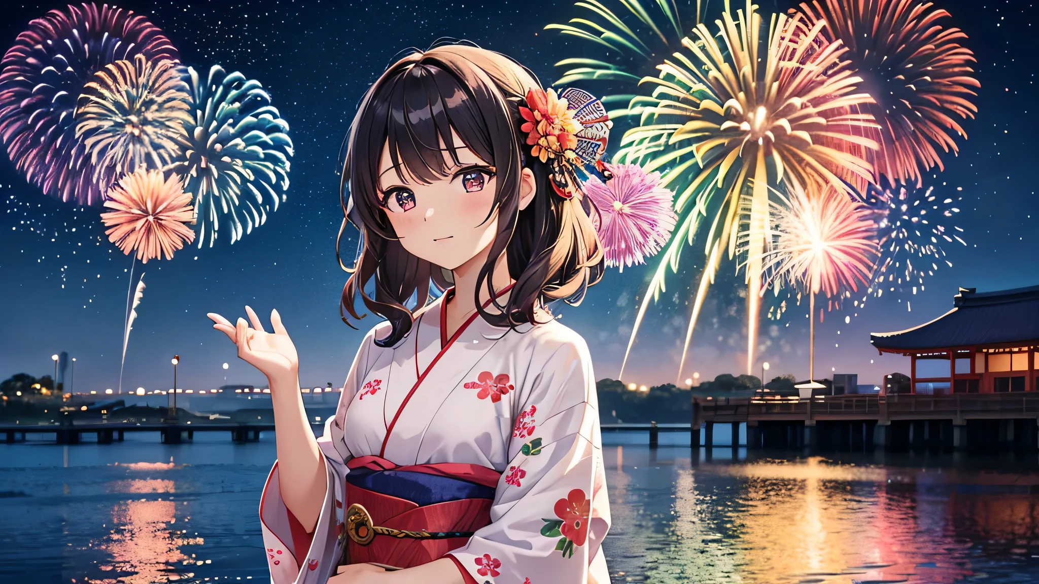 Against the backdrop of a night sky ablaze with fireworks、A thoughtful anime girl stands wearing a traditional yukata decorated with elaborate floral patterns。. her short, Wavy hair is decorated with small flowers, and she looks up with kind eyes, Awe-struck expressions as the explosion of colors illuminates the night. The stage is by the water, Bright reflections of fireworks dance on the water surface, Create a seductive effect. The atmosphere is festive and full of surprises, Recreating the essence of Japan's summer fireworks festivals.