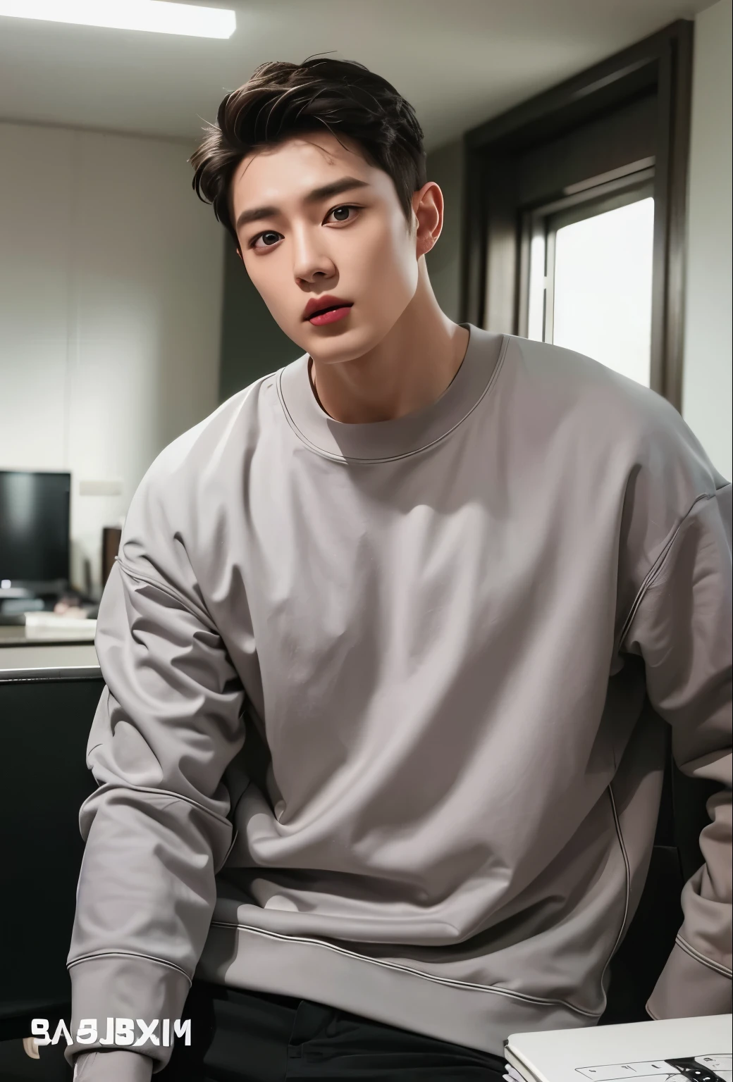 Homem sentado em uma cadeira com um laptop e um telefone celular, Jung Jaehyun, pintar ulzzang, Jinyoung Shin, Kim Doyoung, taejune kim, retrato no meio da cena, Hong junho hyung, homem sul-coreano, retrato de alta qualidade, Tommy 26 anos, hyung tae, cai xukun, adorable and pale korean face, vestindo moletom
