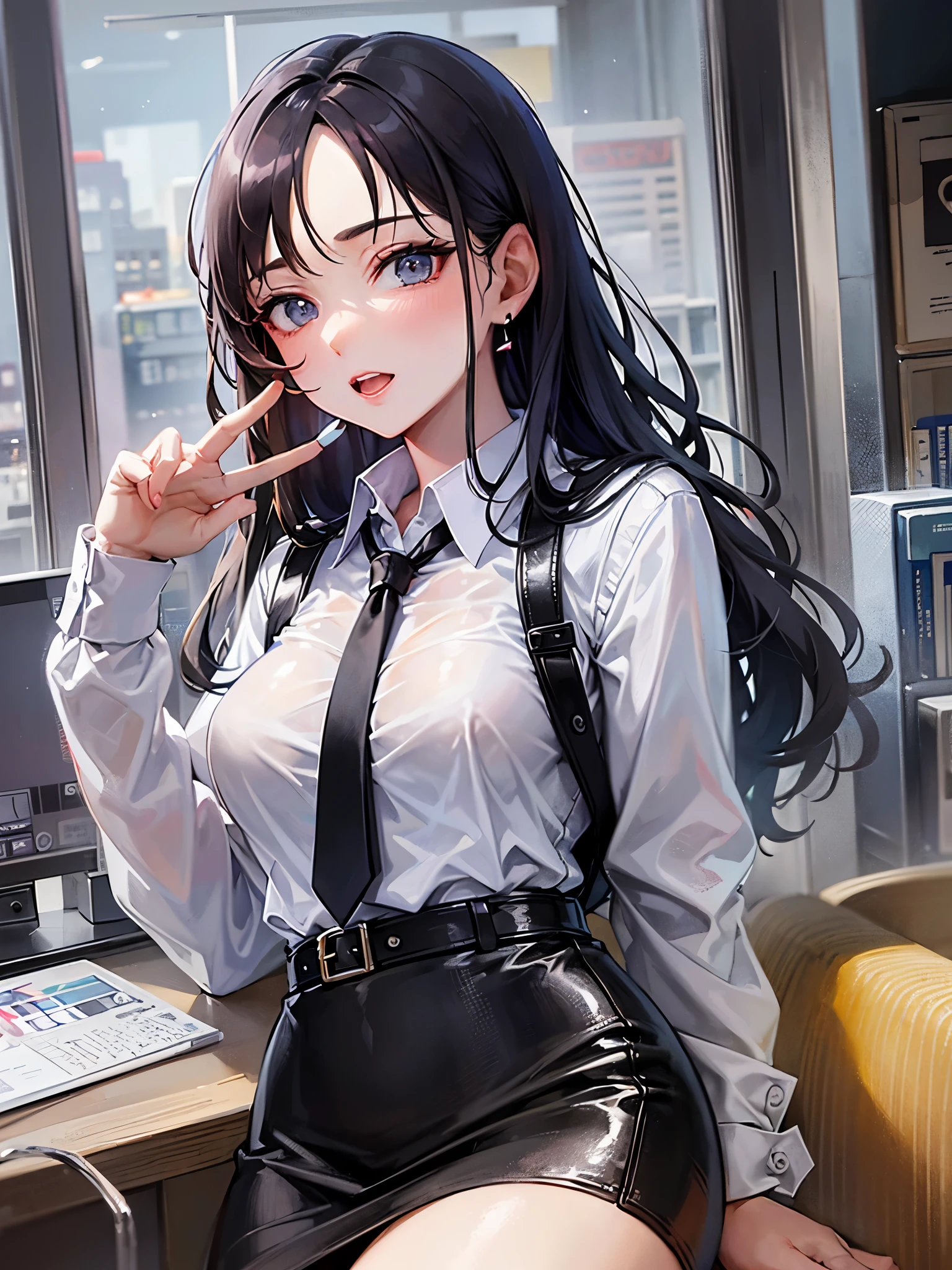 ((highest quality)),(ultra high resolution),(Super detailed),(detailed description),((best CG)),(best work of art),super precision art,great drawing art,(Art with precise details:1.5), (1 woman:1.8),(beautiful and well-shaped face:1.5),(Office Lady:1.6),(Office Casual:1.5),Tight Skirt:1.4,Tempting Gaze:1.5, Office in a high-rise building:1.5,