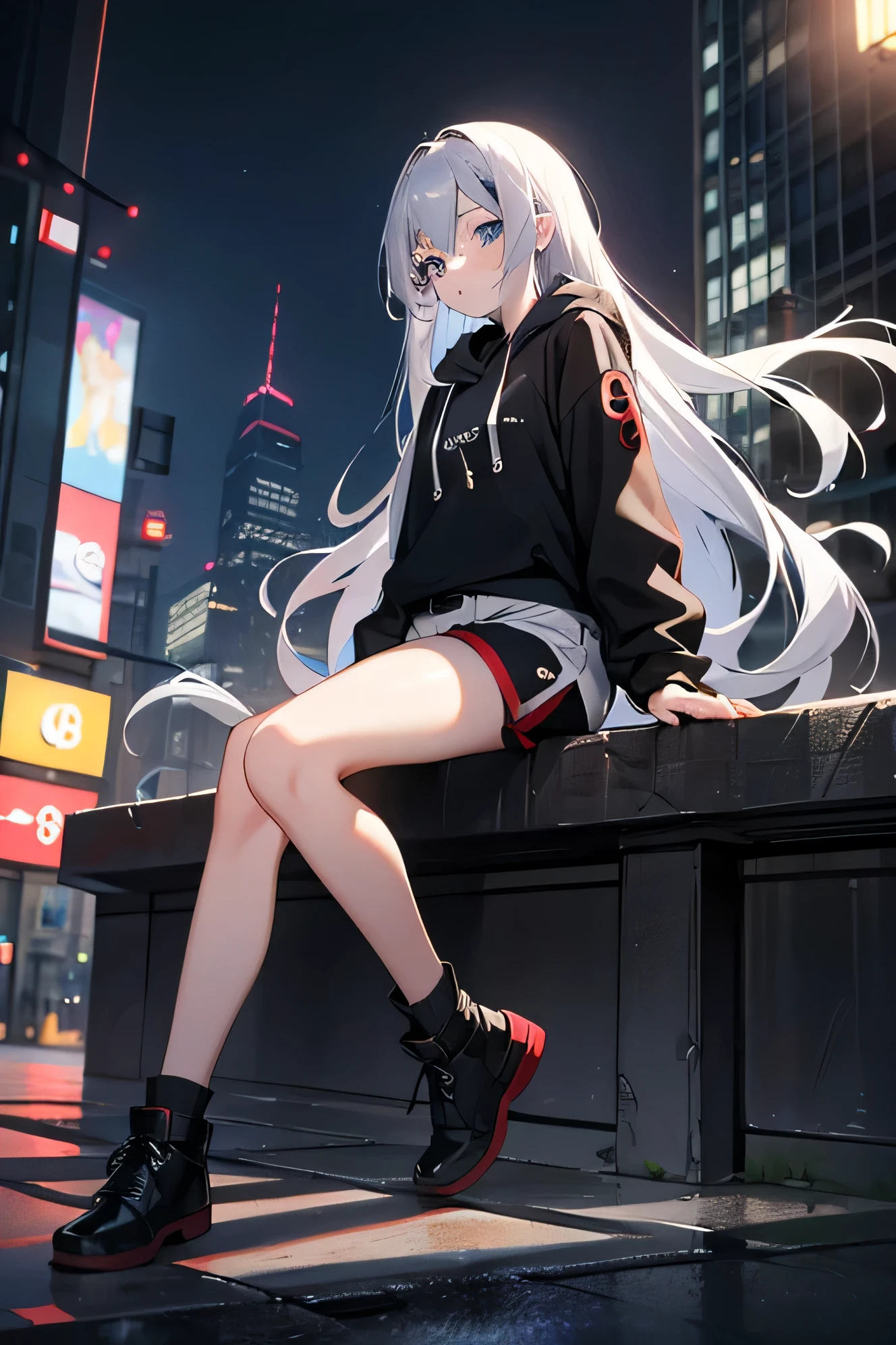 highest quality, highest resolution, masterpiece, Super detailed, 1 girl,beautiful、white skin、silver hair, flowing long hair, blue eyes, bare wood、merciless、cool look、black and red(8:2)color hoodie,belted roll-up shorts(gray)、white inner、Black Pants Stockings、black short boots、midnight, city、Leaning on a large bike, whole body, diagonal angle
