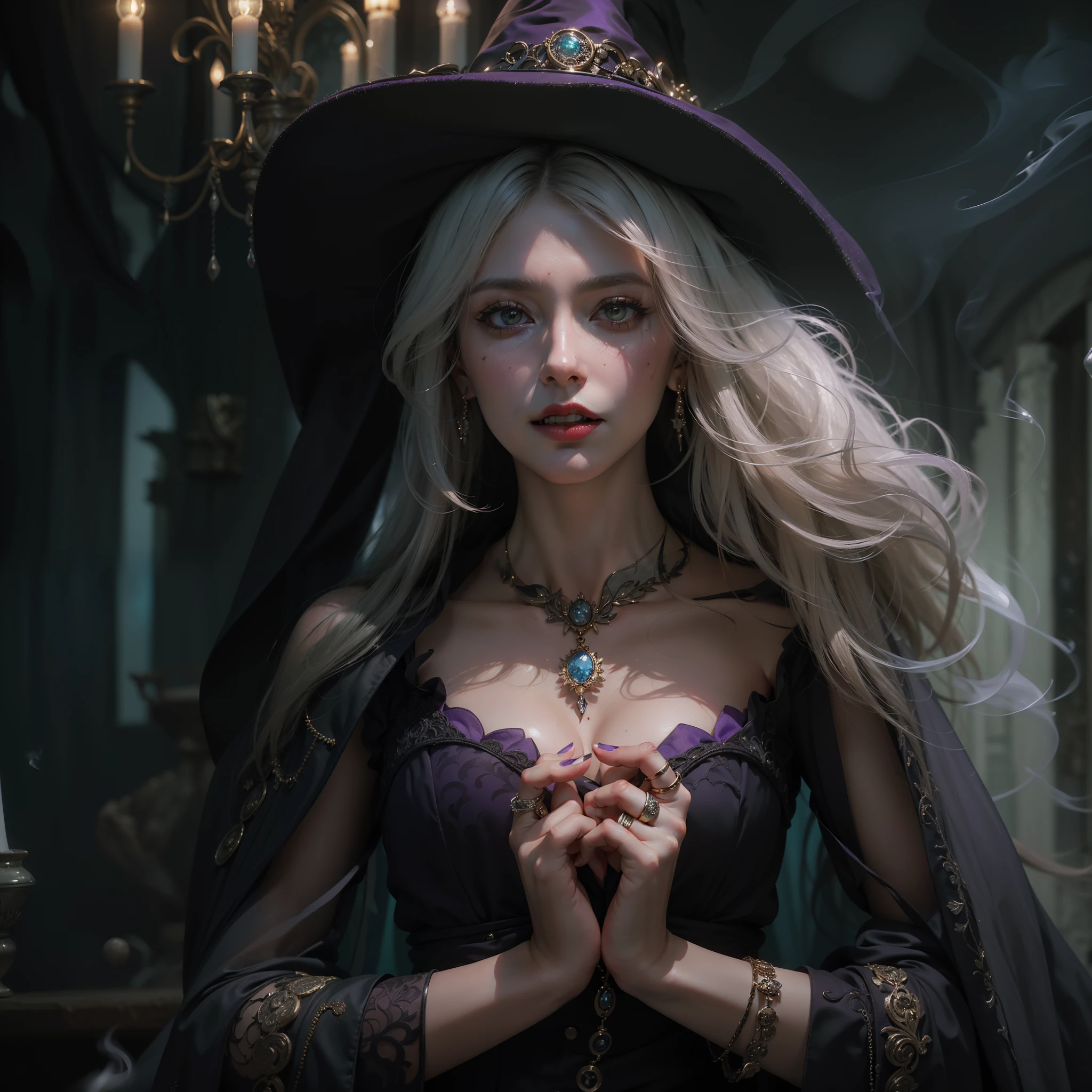 (Numerous award-winning masterpiece, with incredible detail, textures and maximum detail), (hyper realistic:1.4), (Full body image:1.8), ((medieval world)), best quality real texture skin, (Magic ring on a perfect and beautiful Five finger:1.3), (Beautiful vampire high rank wizard:1.8), (High-ranking vampire wizard who releases magic from fingertips:1.9), (languid and bewitching smile on the lips:1.5), (The vampire's two long, sharp canines:1.9), (Seductive Gaze:1.9), (finely detailed true circle Symmetrical eyes), (bewitching finely Detailed and beautiful face:1.6), (Wearing a wizard's black hat:1.4), (jet black elegant cloak with modest but delicate decorations:1.7), (elegant dress with delicate decorations, although it is damaged and faded:1.8), (Witch's messy room with cauldrons and ancient artifacts:1.8), (Image of aesthetic and decadent atmosphere:1.9), (fair but beautiful skin and face:1.8), (wearing many decadent and delicately crafted accessories:1.8), (Magic circle with ancient patterns that glow strongly:1.5), (Degenerate beauty with depraved aesthetics:1.7), (Full body image:1.8), (Two eyes that emit strong red light from inside:1.4), (elegant and luxuriously crafted accessories:1.8), (Less skin exposure:1.5), (Strong moonlight shining through the window:1.7), ((dramatic photo)), ((cinematic light)), (looks up), (looking down), (dramatic pose), (smoke effects and bewitching light:1.4), beautiful green hair, beautiful silver hair, beautiful blonde hair, Wind Effects, (Drifting purple smoke:1.3), Ruins of an old castle, Royal Underground Tombs, ((Dark nights, full moon nights, new moon nights)), epic realistic, faded, ((neutral colors)), art, (hdr:1.5), (muted colors:1.2), hyper detailed, (art station:1.5), cinematic, warm lights, light effect, dramatic light, (intricate details:1.1), complex background, (Greg Rutkowski:0.8), (teal and orange:0.4),