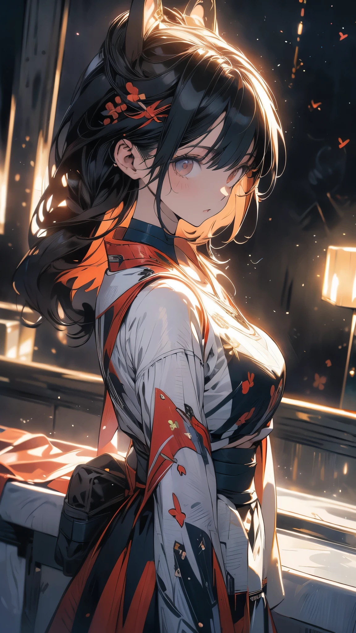 asunayuuki, cabello color naranja， Con dos espadas resplandecientes, Uniforme blanco de combate, Trazos rojos que simulan la velocidad del personaje, Modo de batalla, (ultrarrealista), {Fondo de pantalla extremadamente detallado de la unidad CG 8k}, Vastas fotos de paisajes, (A central vision that prioritizes the whole character, (Vista de campo abierto), (Low-angle shot), (destacar: 1.5), (baja iluminancia: 1.0), (warm light source: 1.0), detalles intrincados, (Colores iridiscentes: 1.5), (bright illumination), (Atmospheric Illumination), sword art online, Dreamy, anime, revy, black lagoon