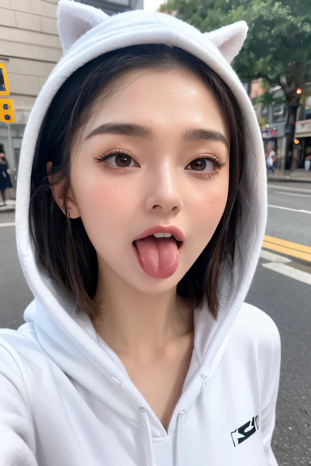 Audrey Hepburn、1 girl,debris flies,,Award-winning photo, very detailed, focus the eyes clearly, nose and mouth,face focus, super close up of face、woman with open mouth and closed eyes,20-year-old,black hair、symmetrical face,realistic nostrils、angle from below、elongated C-shaped nostrils,sweaty and shiny skin、skin shining with sweatを強調する照明、((sharp nose))skin shining with sweat、shiny skin、sweaty hair、the sun's rays shine、(wrinkles between eyebrows))(cum on tongue)、deep kiss、((thin eyebrows))oily skin、Shiny radiant skin、double eyelid、wet and shiny tongue、Beautiful face woman with wet tongue full of foam、Beautiful woman、medium hair,roll your eyes、shortcut、Harajuku street、casual fashion,hoodie, holding a parfait in hand,tongue is wet with saliva,