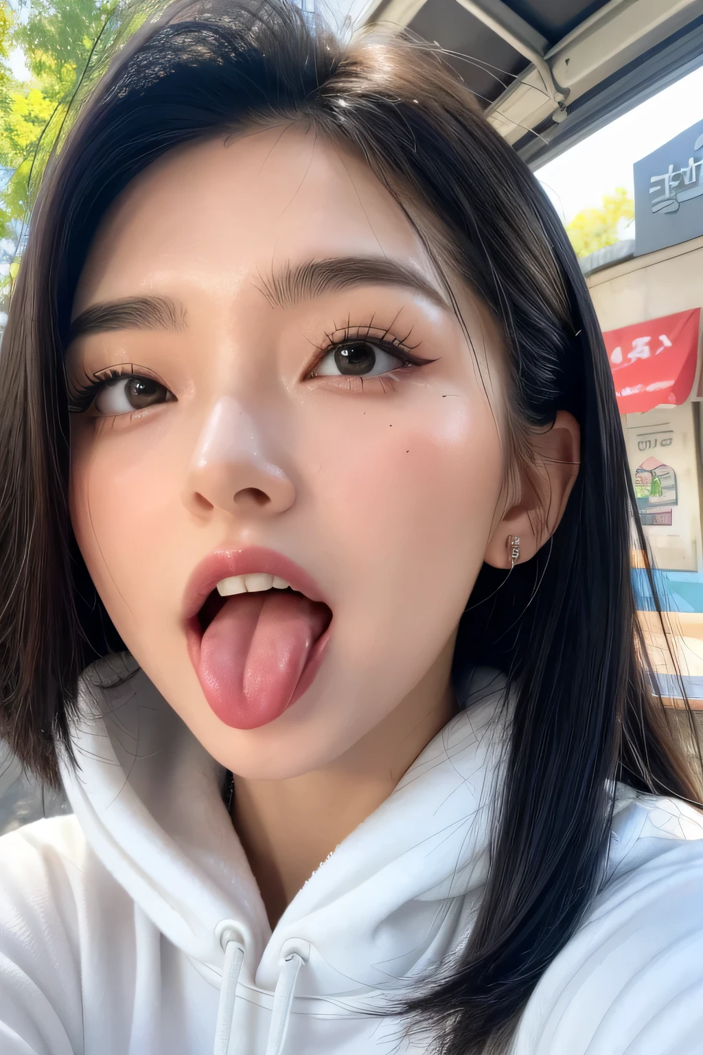 Japanese women, beautiful girl, Gal,Blonde、 Baby Face, Realistic skin of the highest quality, Eyes are focused, 20-year-old, Sticking out tongue, Focus on the mouth, Open your mouth, Long Tongue, saliva, Open your mouth wide, I can see inside the mouth, Open your mouth and 舌を突き出す, realistic tongue