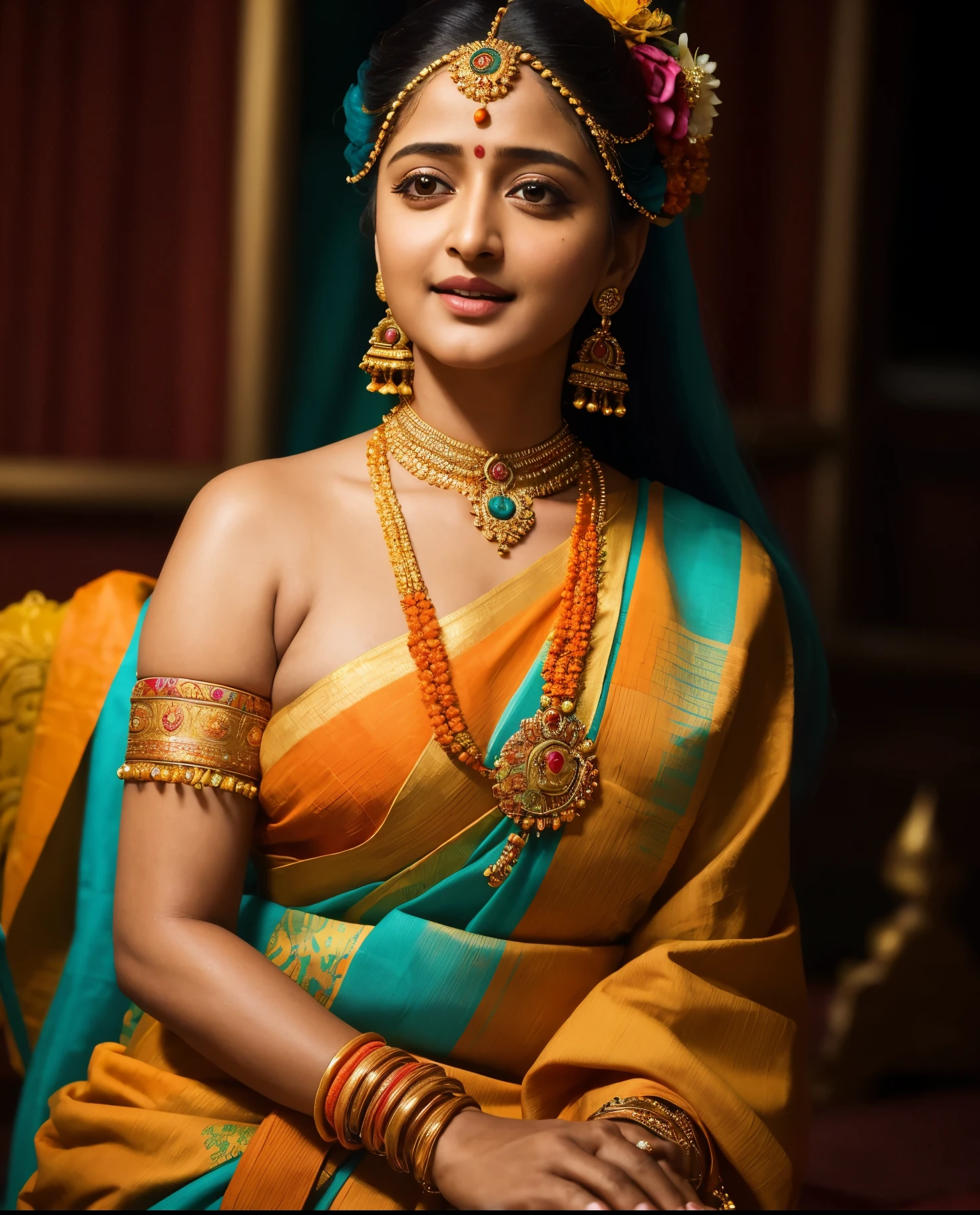 Looks like Anushka Shetty, a close up of a woman in a colorful dress with a flower in her hair, extremely gorgeous woman, matchless beauty, queen, very beautiful enga style, with colourful intricate, candid shot, traditional beauty, candid picture, orange details, wearing intricate, candid portrait photo, with kerala motifs, wearing an elegant tribal outfit, orange and turquoise, orange and teal color, * colour splash *, traditional, stunning visual,
