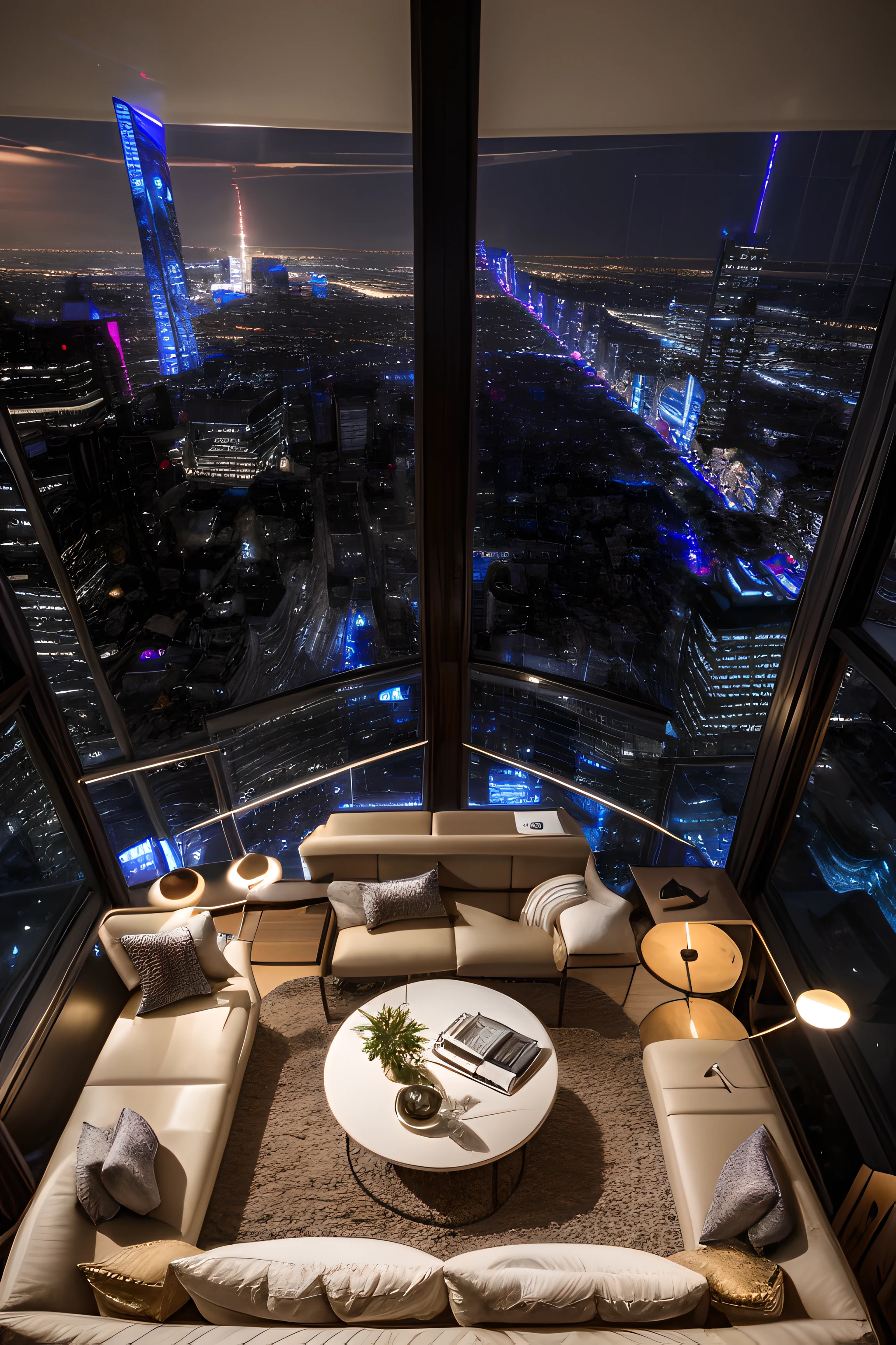 (from above:1.5),(establishing shot:1,5) of the bedroom of a cyberpunk penthouse with gravity-defying bed, giving the of weightlessness against the backdrop of the city lights, (open plan:1.5)