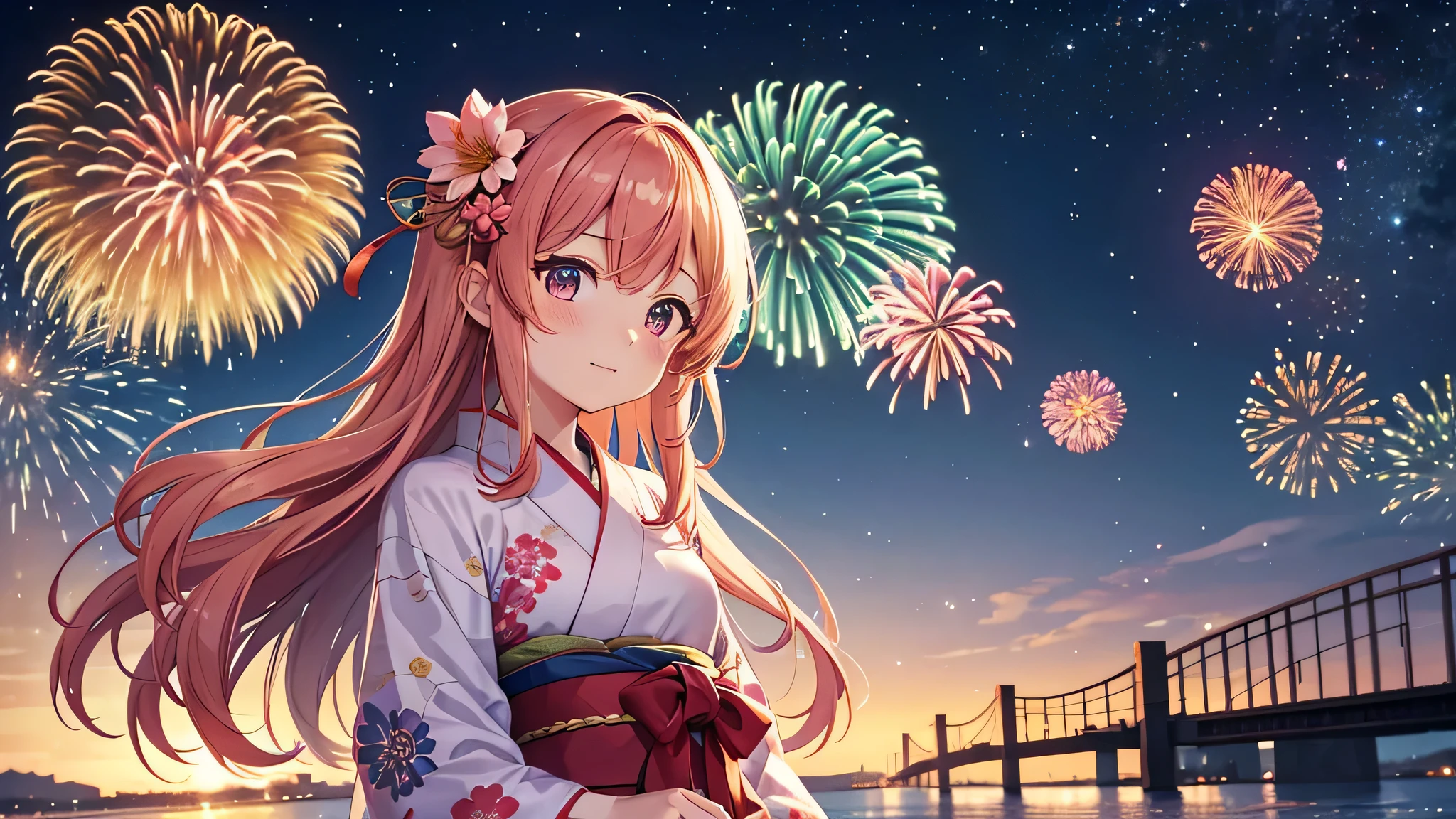 Against the backdrop of a night sky ablaze with fireworks、A thoughtful anime girl stands wearing a traditional yukata decorated with elaborate floral patterns。. her long, Wavy hair is decorated with small flowers, and she looks up with kind eyes, Awe-struck expressions as the explosion of colors illuminates the night. A close-up of the face from the chest up。The stage is by the water, Bright reflections of fireworks dance on the water surface, Create a seductive effect. The atmosphere is festive and full of surprises, Recreating the essence of Japan's summer fireworks festivals.