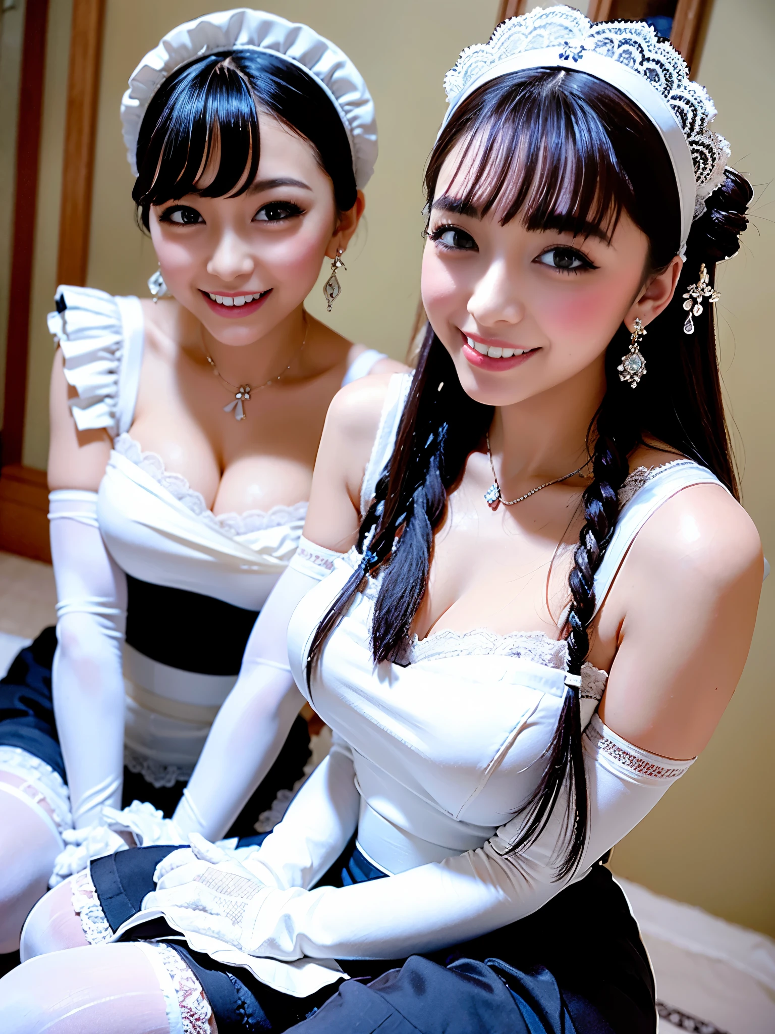 painted smoky makeup, eye shadow, maid girl, silky hair, Wearing hair accessories or earrings, cute smile. she was wearing a maid skirt, white stockings on her legs, and lace gloves. She squatted down and spread her legs. Scenes are random.