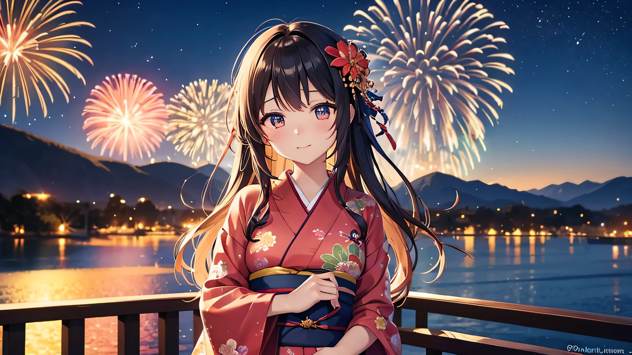 Against the backdrop of a night sky ablaze with fireworks、A thoughtful anime girl stands wearing a traditional yukata decorated with elaborate floral patterns。. her long, Wavy hair is decorated with small flowers, and she looks up with kind eyes, Awe-struck expressions as the explosion of colors illuminates the night. A close-up of the face from the chest up。The stage is by the water, Bright reflections of fireworks dance on the water surface, Create a seductive effect. The atmosphere is festive and full of surprises, Recreating the essence of Japan's summer fireworks festivals.