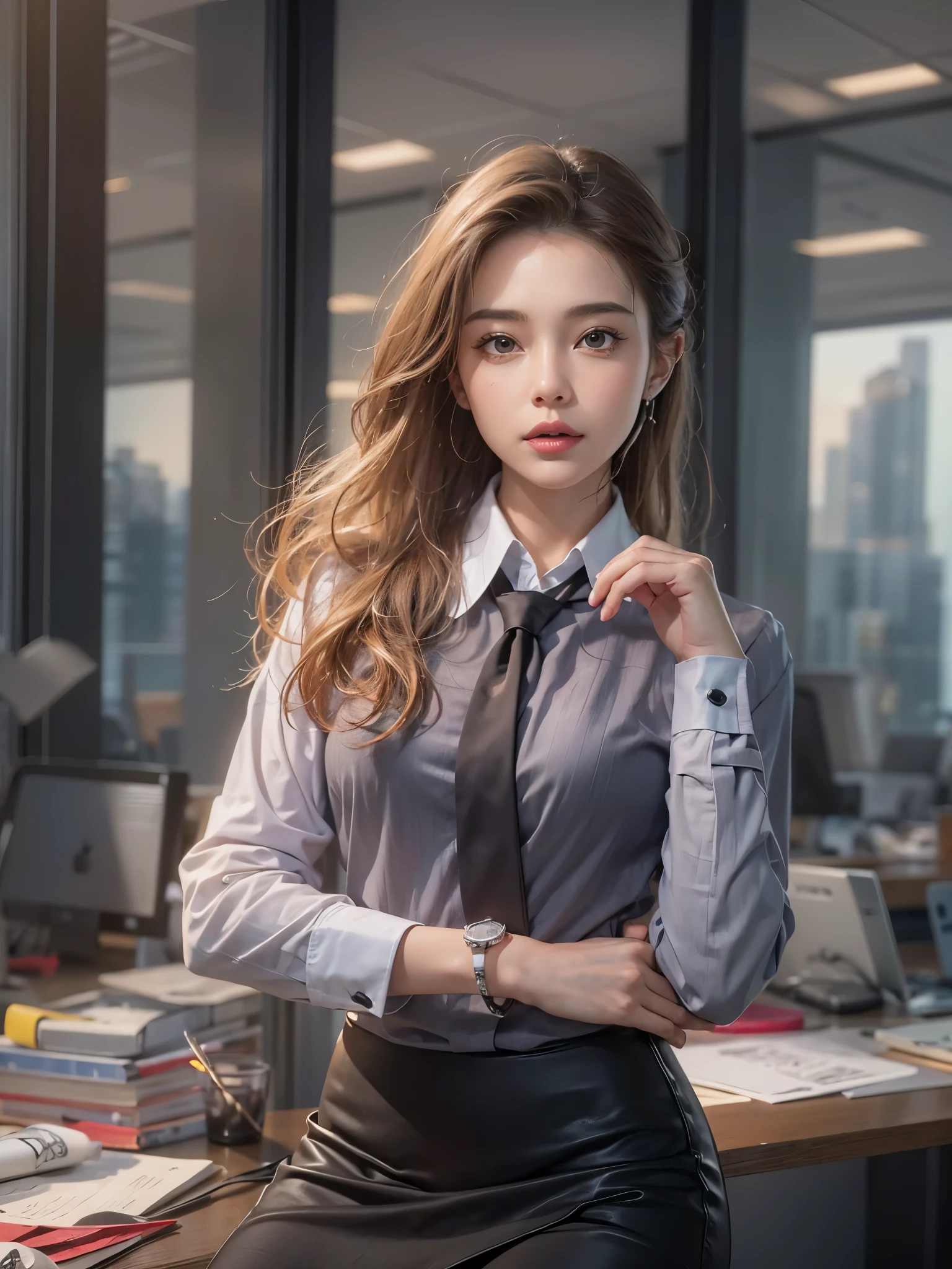 ((highest quality)),(ultra high resolution),(Super detailed),(detailed description),((best CG)),(best work of art),super precision art,great drawing art,(Art with precise details:1.5), (1 woman:1.8),(beautiful and well-shaped face:1.5),(Office Lady:1.6),(Office Casual:1.5),Tight Skirt:1.4,Tempting Gaze:1.5, Office in a high-rise building:1.5,