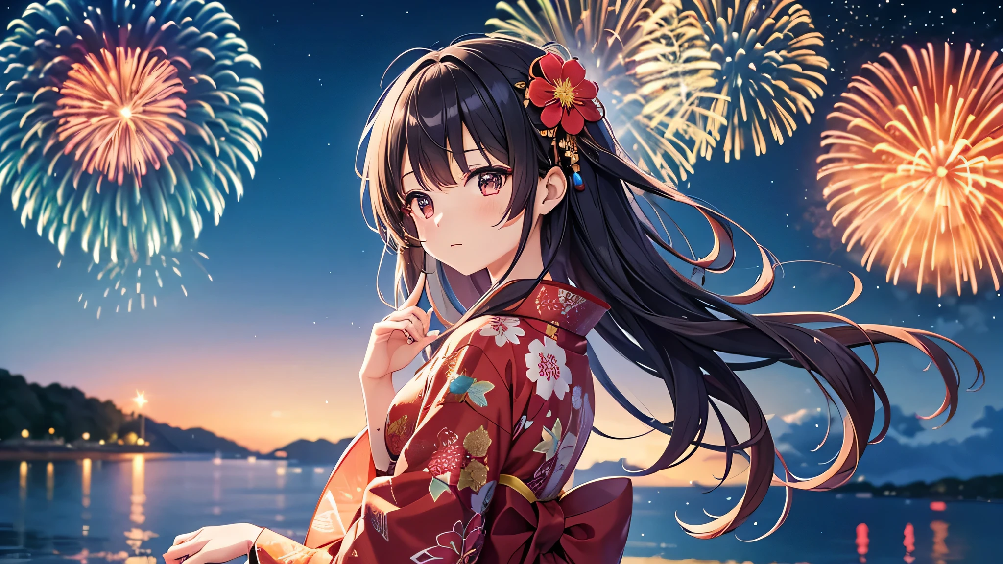 Against the backdrop of a night sky ablaze with fireworks、A thoughtful anime girl stands wearing a traditional yukata decorated with elaborate floral patterns。. her long and worthy successor, Wavy hair is decorated with small flowers, and she looks up with kind eyes, Awe-struck expressions as the explosion of colors illuminates the night. The stage is by the water, Bright reflections of fireworks dance on the water surface, Create a seductive effect. The atmosphere is festive and full of surprises, Recreating the essence of Japan's summer fireworks festivals.