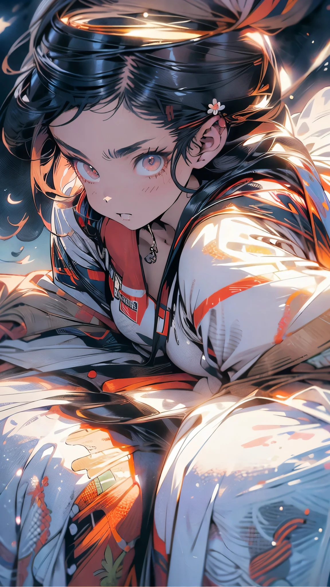 asunayuuki, cabello color naranja, Con dos espadas resplandecientes, Uniforme blanco de combate, Trazos rojos que simulan la velocidad del personaje, Modo de batalla, (ultrarrealista), {Fondo de pantalla extremadamente detallado de la unidad CG 8k}, Vastas fotos de paisajes, (A central vision that prioritizes the whole character, (Vista de campo abierto), (Low-angle shot), (destacar: 1.5), (baja iluminancia: 1.0), (warm light source: 1.0), detalles intrincados, (Colores iridiscentes: 1.5), (bright illumination), (Atmospheric Illumination), sword art online, Dreamy, anime, revy, black lagoon