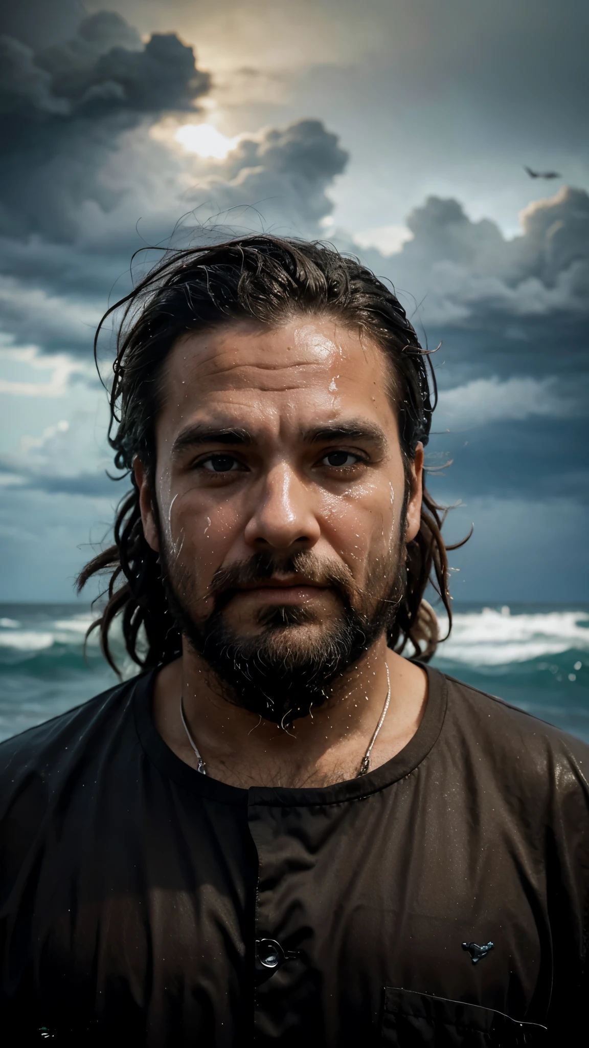 A detailed oil painting of an old sea captain, conduzindo seu navio durante uma tempestade. Salt water is splashing on your aged face, with determination in his eyes. Swirling malevolent clouds are seen above and severe waves threaten to submerge the ship as seagulls dive and swirl across the chaotic landscape.. Thunder and lights board in the distance, iluminando a cena com um brilho verde misterio