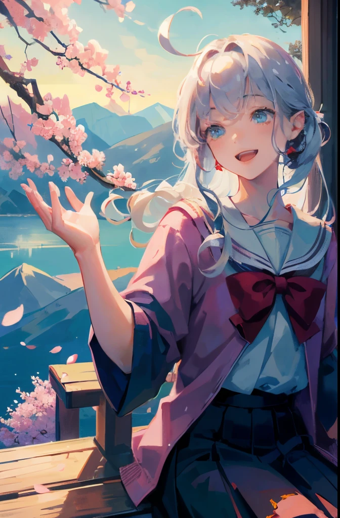 (masterpiece),  landscape,  mountain horizon,  Cherry blossoms,  petal,  light particles,  Upper body,  1 girl,  sailor,  curls,  flowing hair,  Smile,  sitting,  open mouth,  light particles,  silver hair,  aqua eyes,  looking at the audience,  Face focus