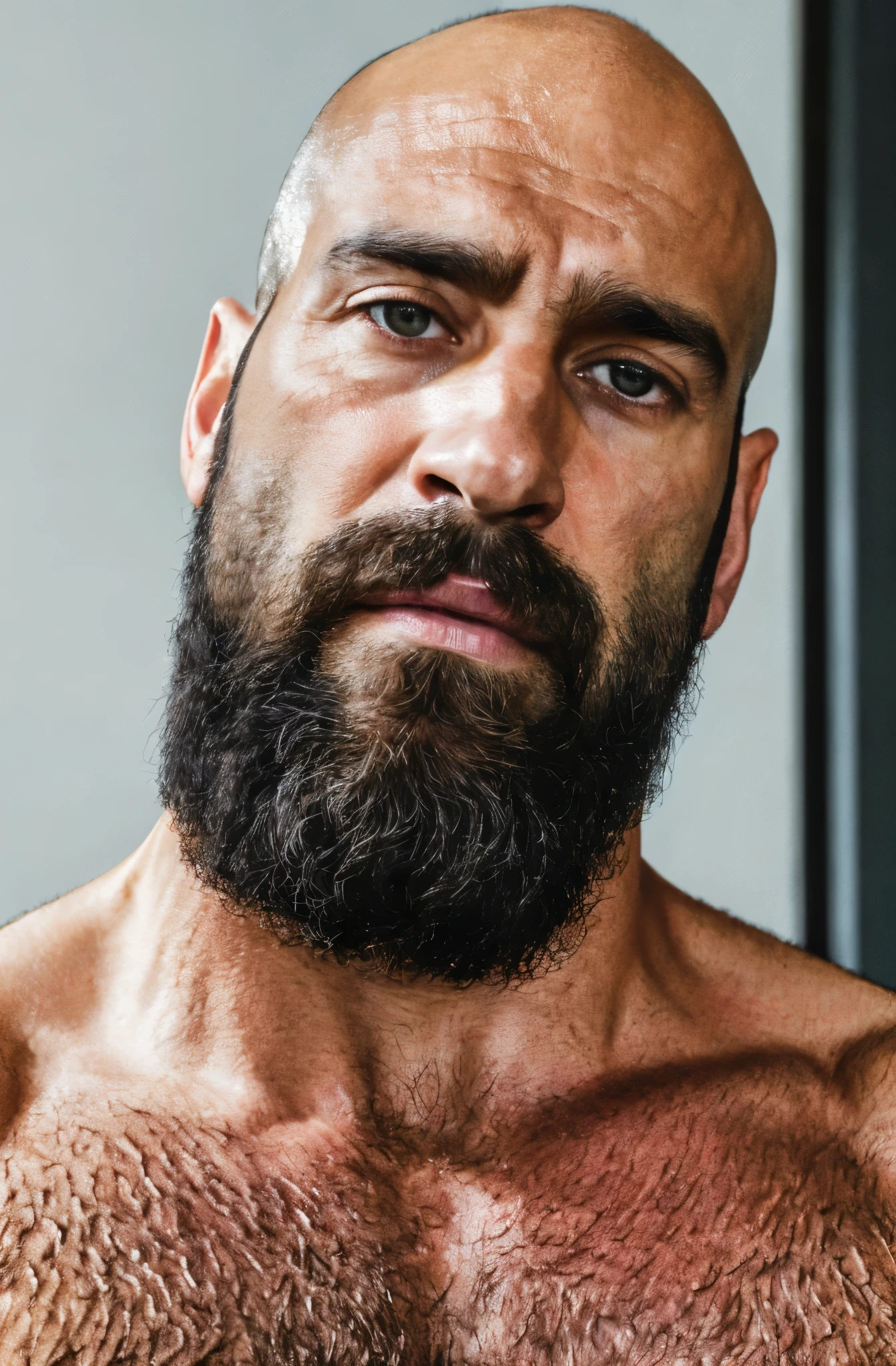 (best quality, highres, ultra-detailed, realistic:1.37), Hiperrealism, hiperdetailed, natural colors, soft light, portrait, 40 years old man, muscled, tall, hairy body, hairy chest, virility, actor, gay porn, very sexual, handsome, bald, black beard, suit.