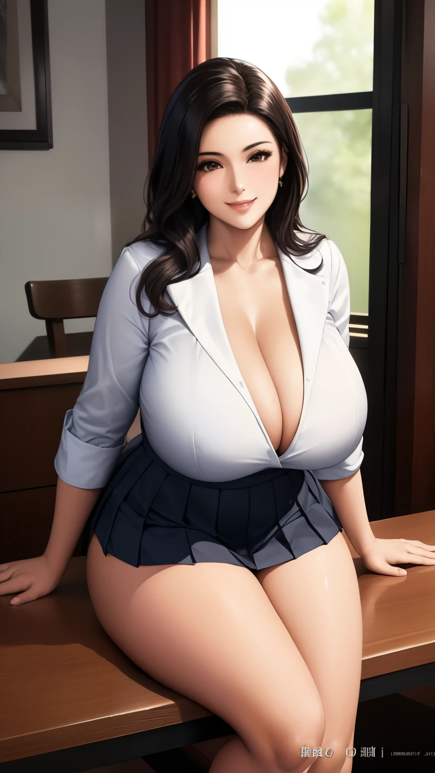 (8K, highest quality, table top:1.4), (intricate details:1.3), (realistic), (super detailed), 1 girl, alone, （married woman、40 generations）、Beautiful woman、mature woman, (Sensual smile:1.35), Front view, (leaning forward:1.2), show cleavage, looking at the viewer, tropical resort, detailed long hair, (fluffy long black hair), fine eyes,, hourglass body shape, (Sensual curvy body:1.1), (huge breasts), thick thighs, wide hips, small waist、( uniform)，(sexy sailor suit )，(pleated mini skirt)、realistic lighting, natural soft light, dynamic lighting