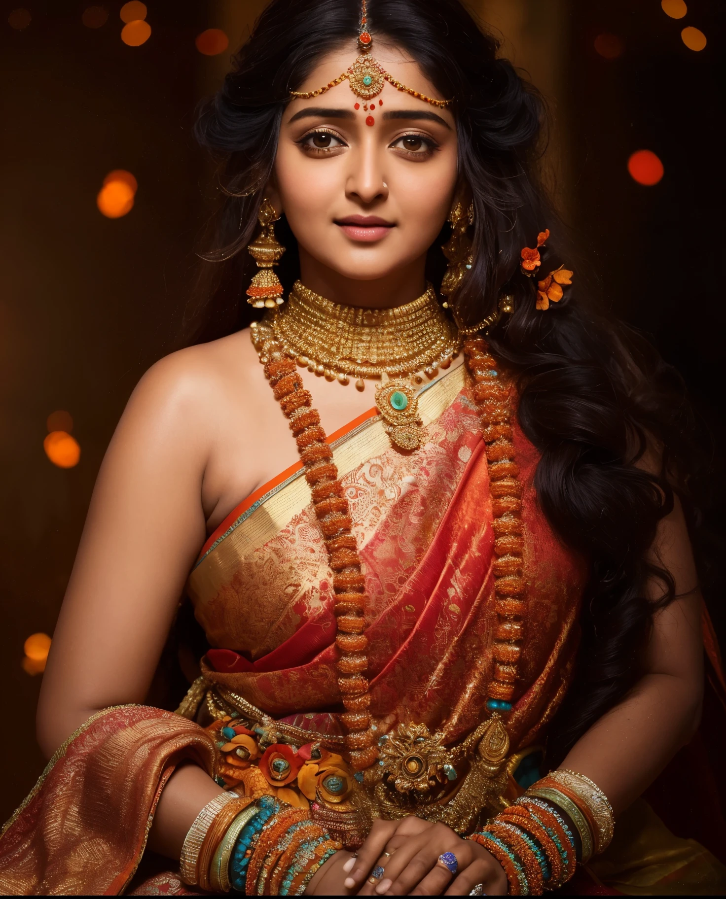 Looks like Anushka Shetty, a close up of a woman in a colorful dress with a flower in her hair, extremely gorgeous woman, matchless beauty, queen, very beautiful enga style, with colourful intricate, candid shot, traditional beauty, candid picture, orange details, wearing intricate, candid portrait photo, with kerala motifs, wearing an elegant tribal outfit, orange and turquoise, orange and teal color, * colour splash *, traditional, stunning visual,