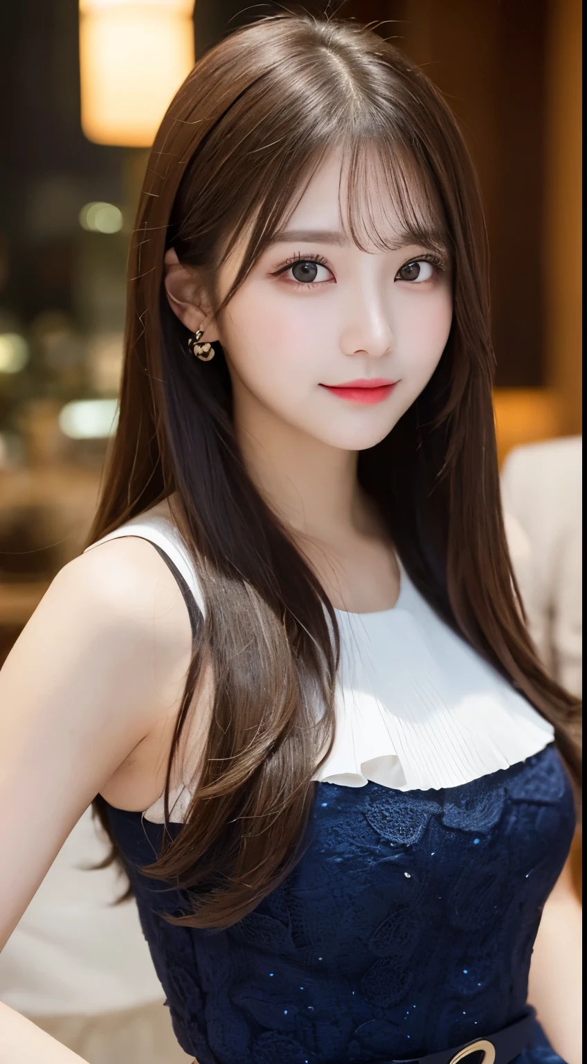 table top, highest quality, shape, Super detailed, finely, High resolution, 8k wallpaper, 完璧なダイナミックな構shape, beautiful and detailed eyes, classy and gorgeous winter dress,straight hair,,natural color lip,smile,20 year old girl、cute、Sexy looking at camera,Always blur the background,perfect and beautiful face,Take only the face,beautiful and detailed face、slim face and style、Big eyes、elegant face、beautiful and detailed face、KPOP idol face、japan idol face、Big eyes、Party venue on the top floor of a high-rise hotel、blur background、Take a full body photo