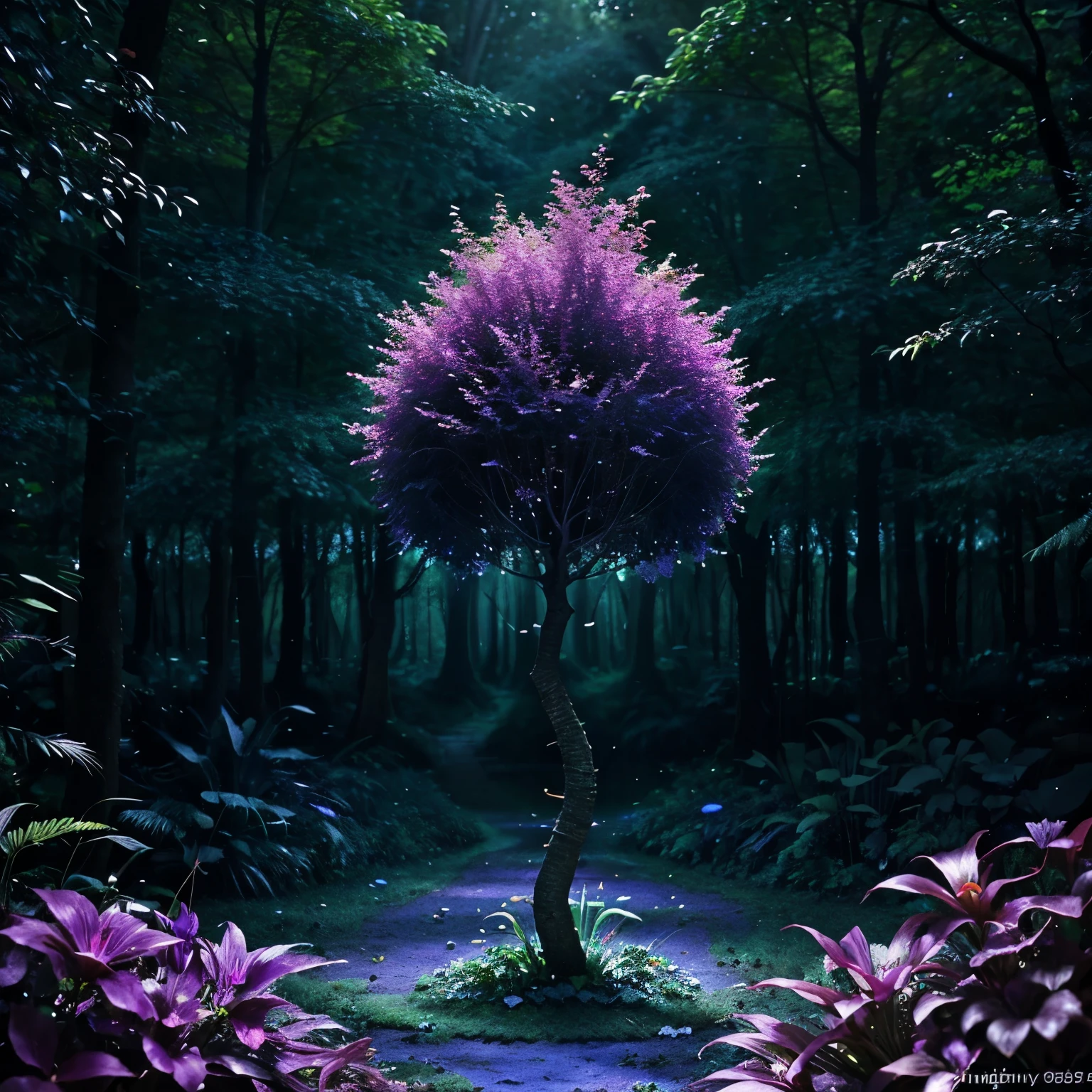 lush forest and plantlife, real, detailed, 8k, highquality, an enchanting and dreamy scene of fantasy/alien forest, creating a sense of mystique and enchantment, award winning photography, lots of blues and purples, depth of field, photorealist, crystals, bright happy colors