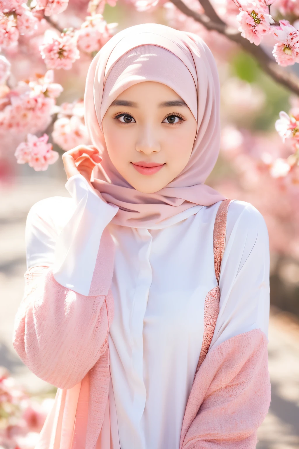 1girl, beautiful face, (portrait photoshot),shitdown, wearing (long white shirt :1.2) up to her chin, wearinh Long Hijab Peach, (Sakura background).