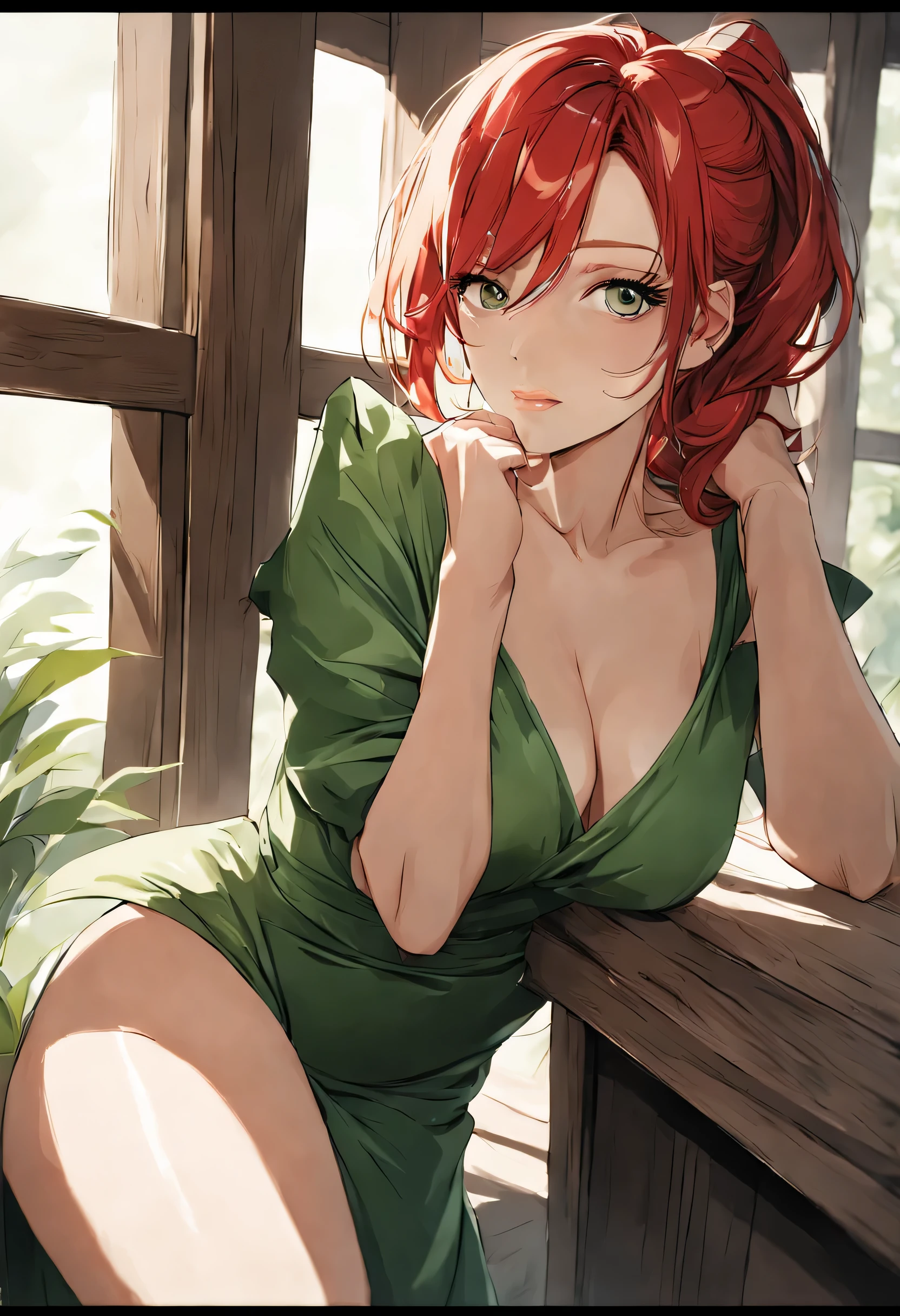 HD, (best details) (best quality), Red-haired woman posing with long red hair、Green dress pose for photo, Mature and gorgeous, natural light and shadow