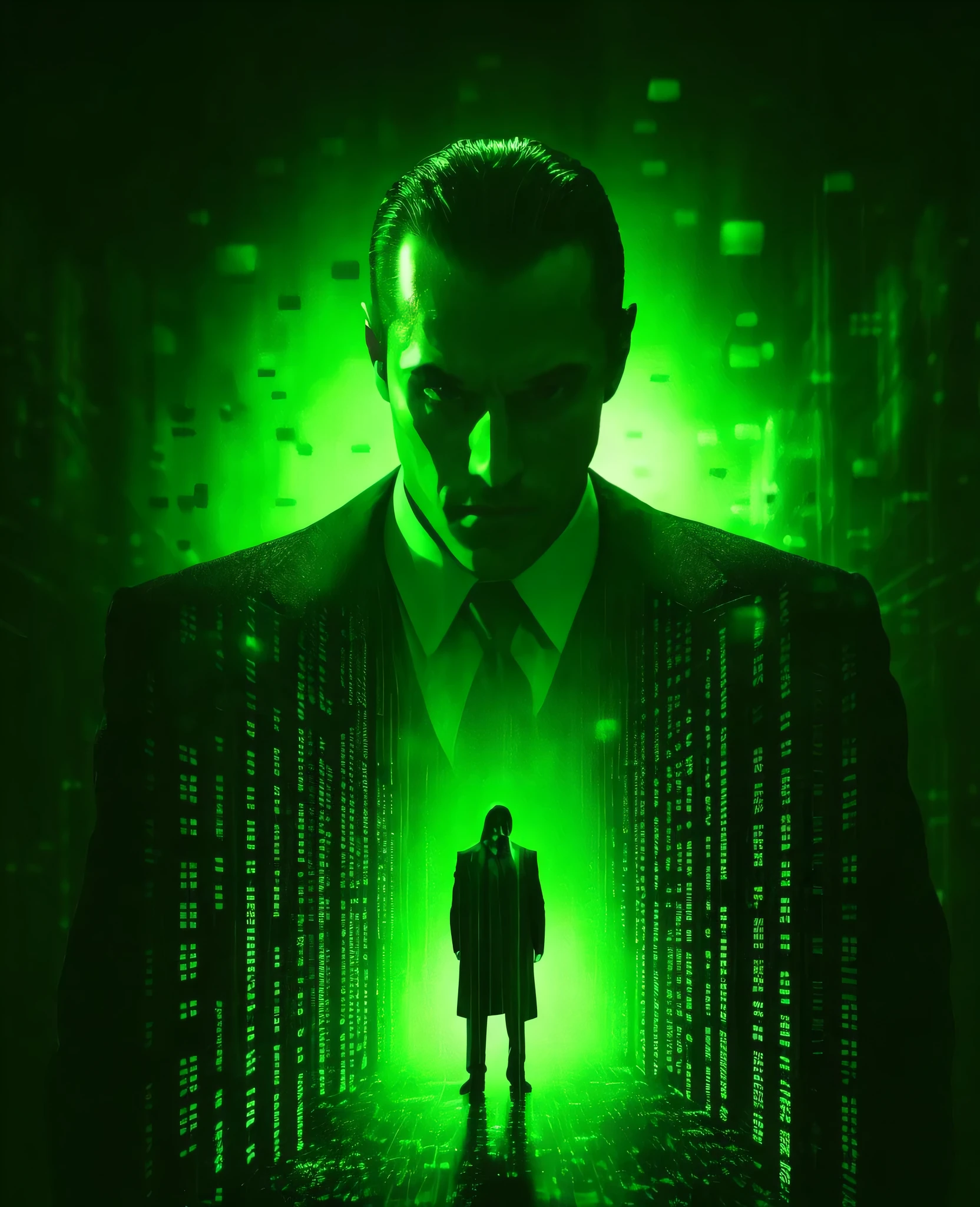 arafed image of a man in a suit and tie standing in a dark room with a green light, green matrix code, matrix code, neo from matrix, matrix, matrix film pinterest color, in the new matrix movie, in matrix, neo from the matrix, matrix movie color grading, green matrix light, agents from the matrix movie, matrix style