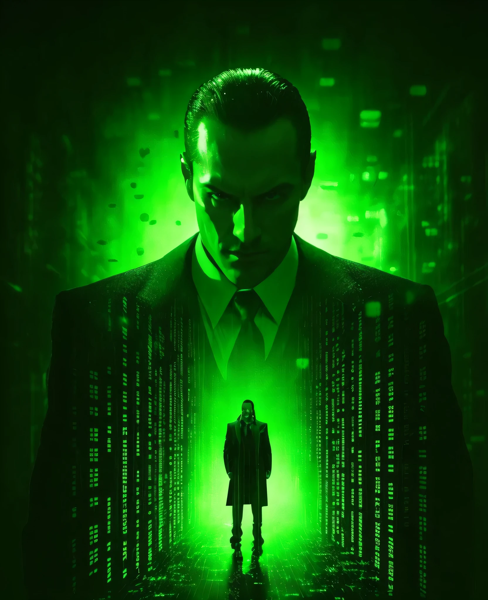 arafed image of a man in a suit and tie standing in a dark room with a green light, green matrix code, matrix code, neo from matrix, matrix, matrix film pinterest color, in the new matrix movie, in matrix, neo from the matrix, matrix movie color grading, green matrix light, agents from the matrix movie, matrix style