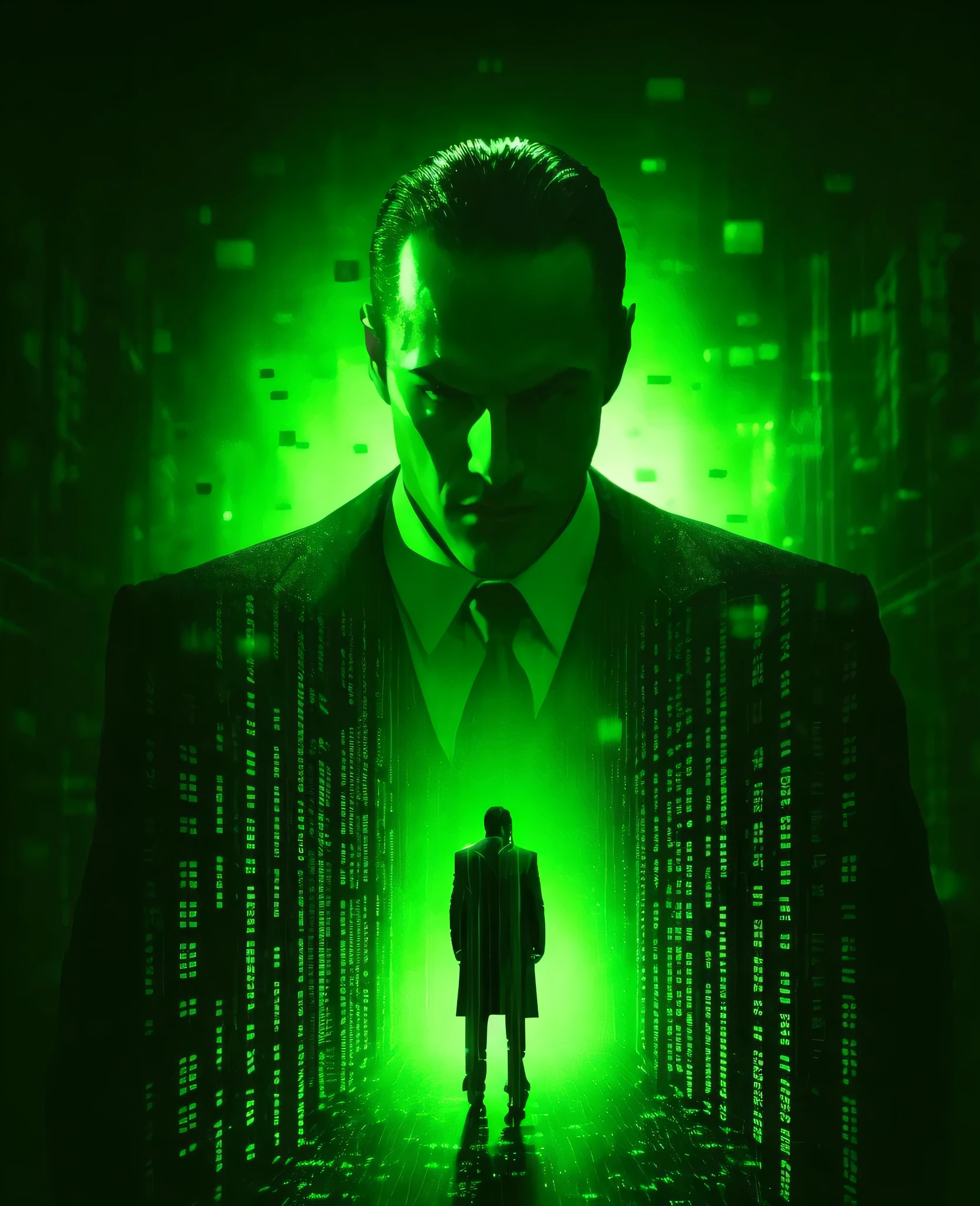 arafed image of a man in a suit and tie standing in a dark room with a green light, green matrix code, matrix code, neo from matrix, matrix, matrix film pinterest color, in the new matrix movie, in matrix, neo from the matrix, matrix movie color grading, green matrix light, agents from the matrix movie, matrix style