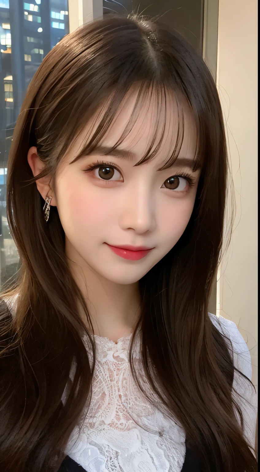 table top, highest quality, shape, Super detailed, finely, High resolution, 8k wallpaper, 完璧なダイナミックな構shape, beautiful and detailed eyes, classy and gorgeous winter dress,straight hair,,natural color lip,smile,20 year old girl、cute、Sexy looking at camera,Always blur the background,perfect and beautiful face,Take only the face,beautiful and detailed face、slim face and style、Big eyes、elegant face、beautiful and detailed face、KPOP idol face、japan idol face、Big eyes、Party venue on the top floor of a high-rise hotel、blur background、Take a full body photo