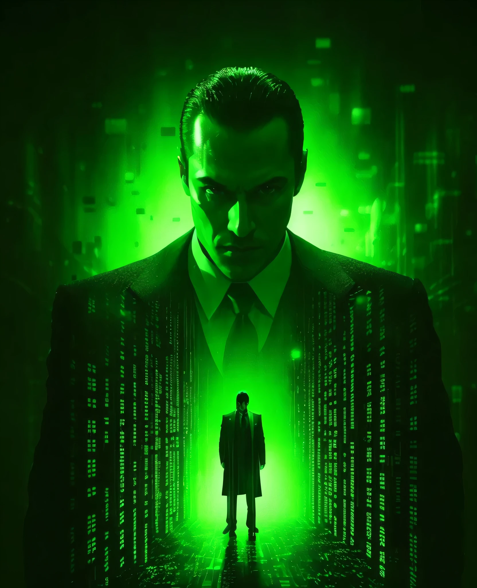 Agent Smith from the film The Matrix with a Colt pistol aims at the viewer, 16-bit resolution, matrix style, green shades, flowing streams of digits 1 and 0, against the background of fluorescent green digits "1" and "0", the image formed by glowing green digits 1 and 0 streams flowing down, the style of the film Matrix