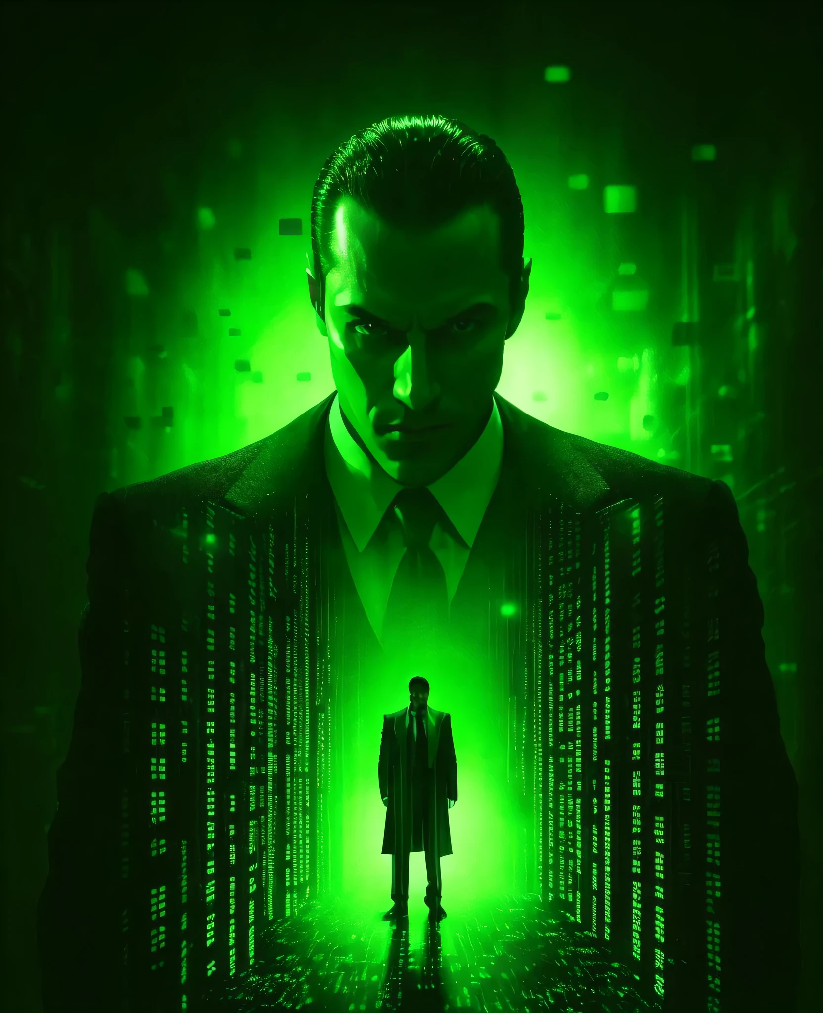 arafed image of a man in a suit and tie standing in a dark room with a green light, green matrix code, matrix code, neo from matrix, matrix, matrix film pinterest color, in the new matrix movie, in matrix, neo from the matrix, matrix movie color grading, green matrix light, agents from the matrix movie, matrix style