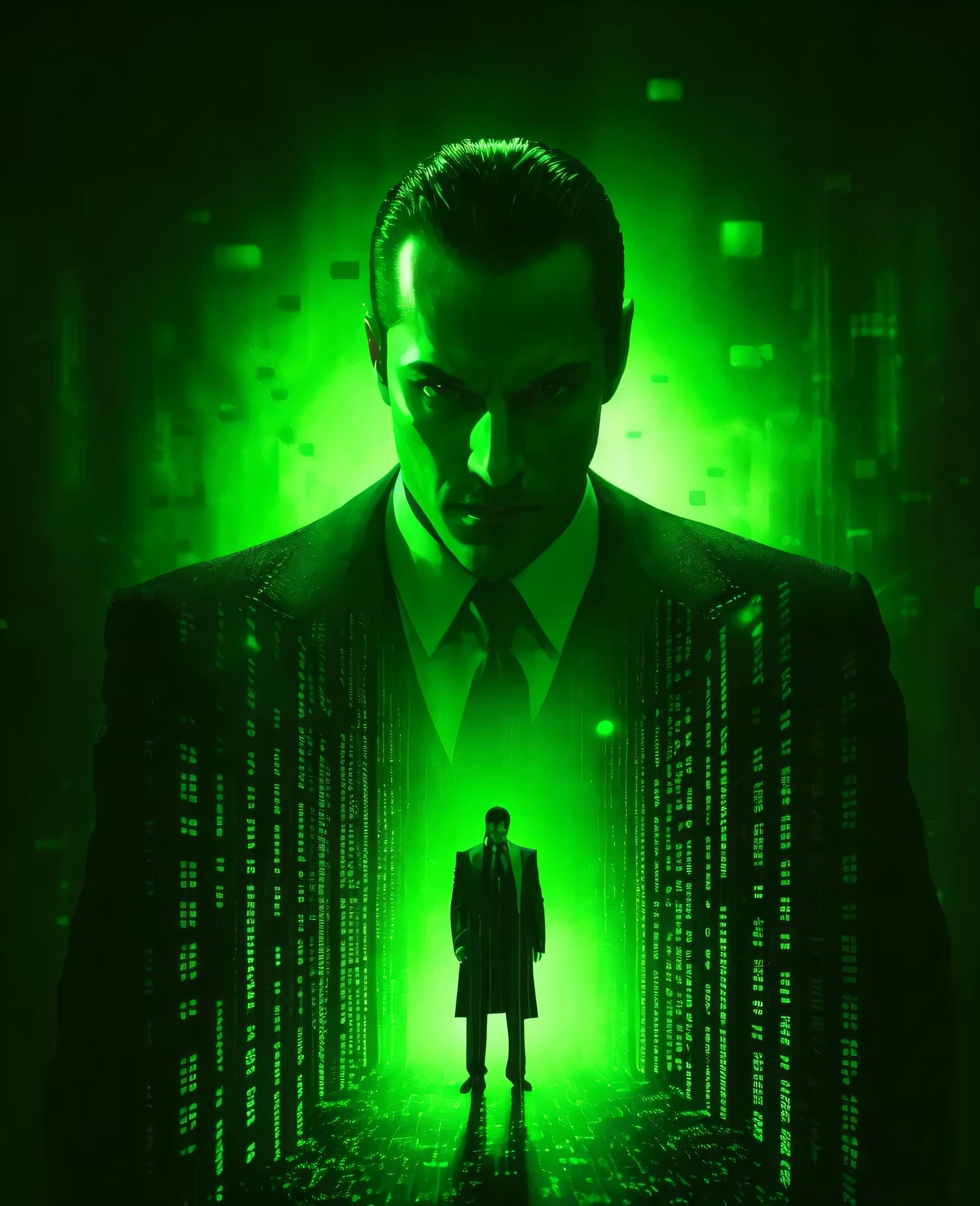 arafed image of a man in a suit and tie standing in a dark room with a green light, green matrix code, matrix code, neo from matrix, matrix, matrix film pinterest color, in the new matrix movie, in matrix, neo from the matrix, matrix movie color grading, green matrix light, agents from the matrix movie, matrix style