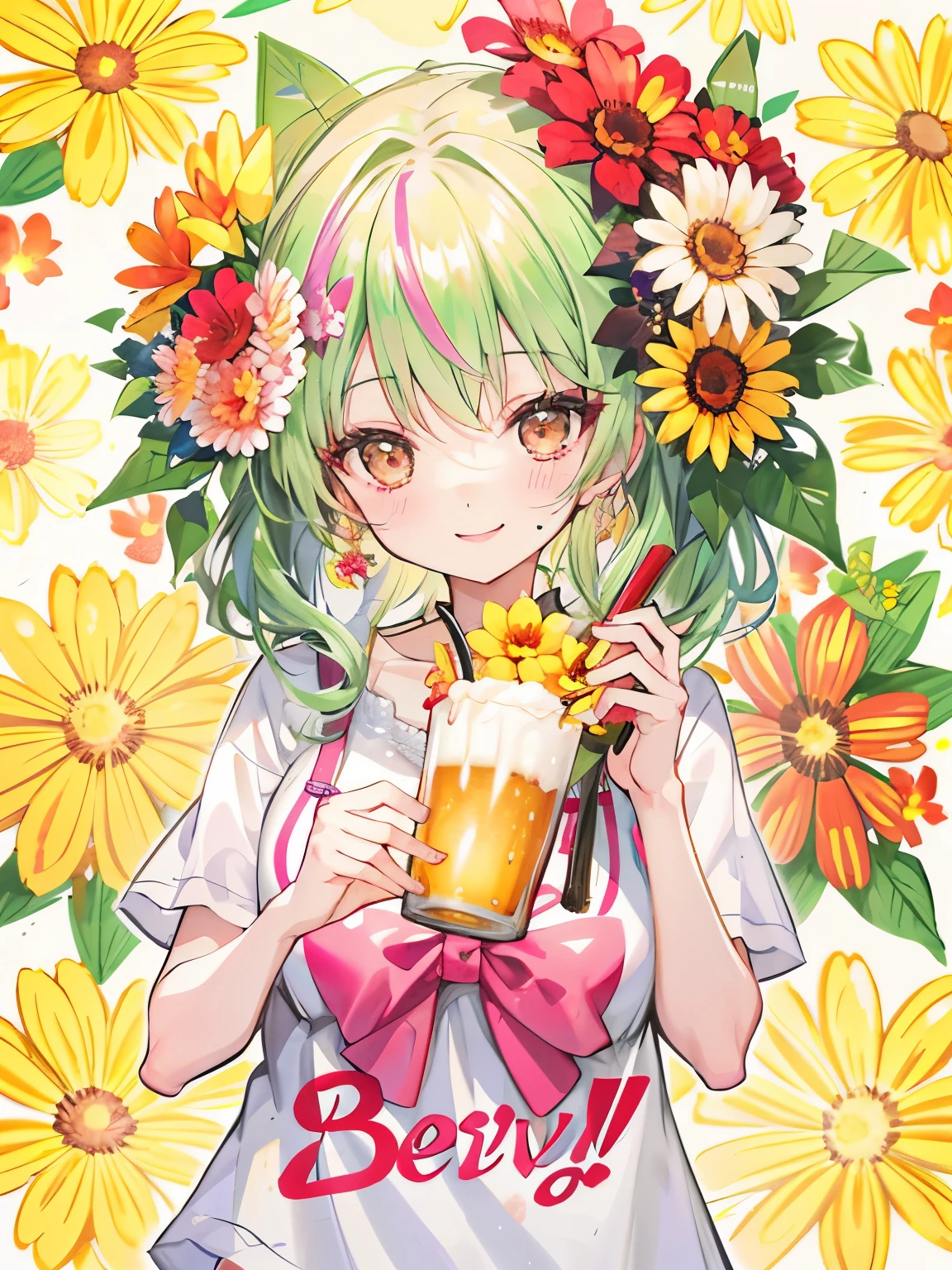 cute,girl,Stress relief,🍻,Cheers with beer🍺,(((Flower shower background:1.25))),A big smile