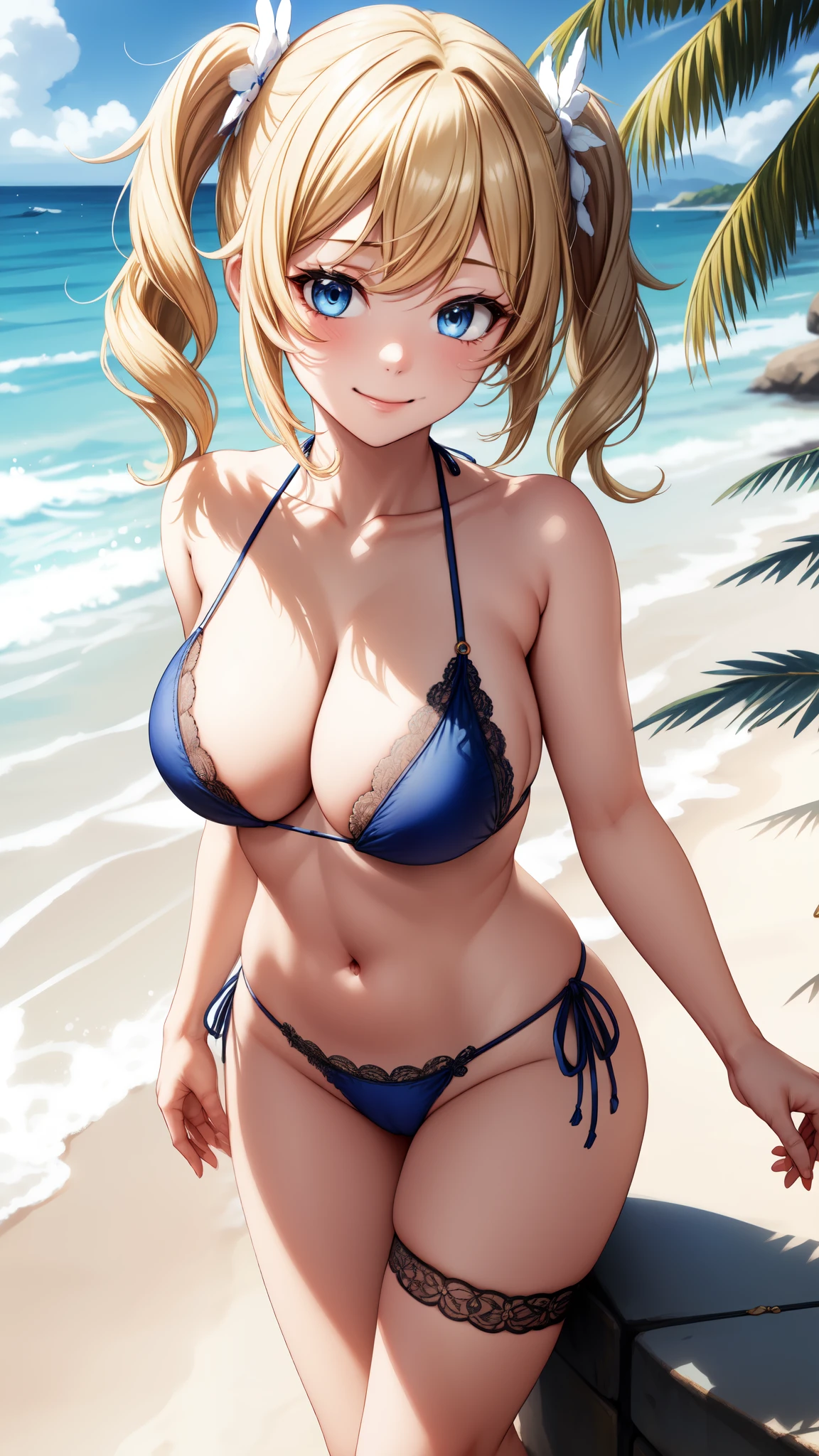 anime, beautiful face, highly detailed face, (2 accurate legs:1), blue detailed eyes, highly detailed beach background, perfect lighting, best body lighting, 1girl, solo, Barbara, genshin impact, outdoors, (beautiful blonde hair:1.2), absurdres, high res, ultrasharp, 8K, masterpiece, looking at viewer, affectionate smile, BREAK (detailed sexy beach bikini:1.2), (intricate all lace:1.2), (beautiful white heels:1.2)