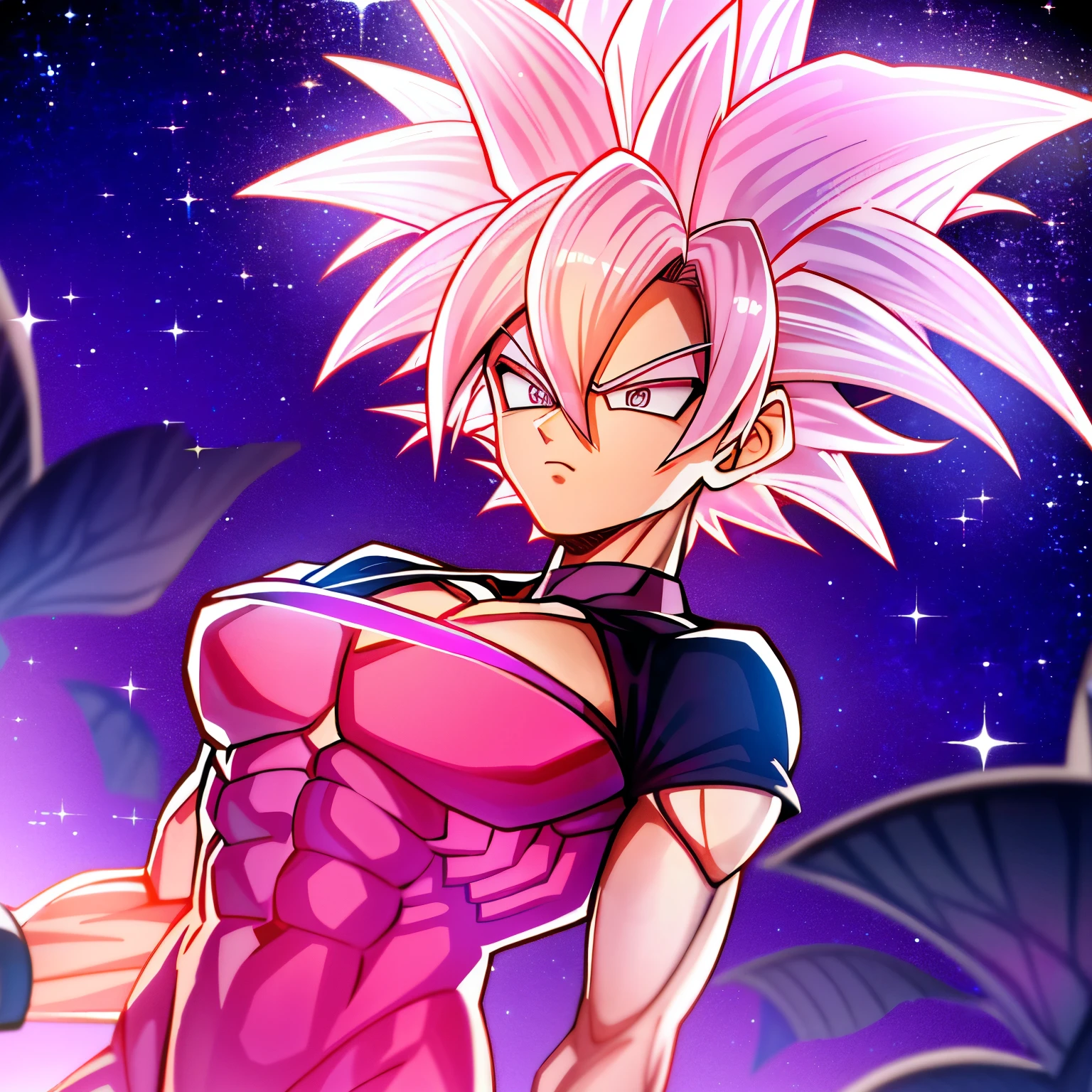 Create a unique and captivating silhouette of Super Saiyan Goku with his pinkish-bluish aura locks, against the backdrop of a stunning starry night sky. The milkway shines brightly above a tranquil cityscape, and a solitary tree stands tall, adding depth and texture to the image. Goku, with his powerful posture and muscular build, exudes an epic energy that resonates in the stillness of the night. This masterpiece, featuring 1.6:1 aspect ratio and best quality, will leave you in awe with its finely detailed eyes (1.2) and vibrant pink hue of Goku's hair, reminis